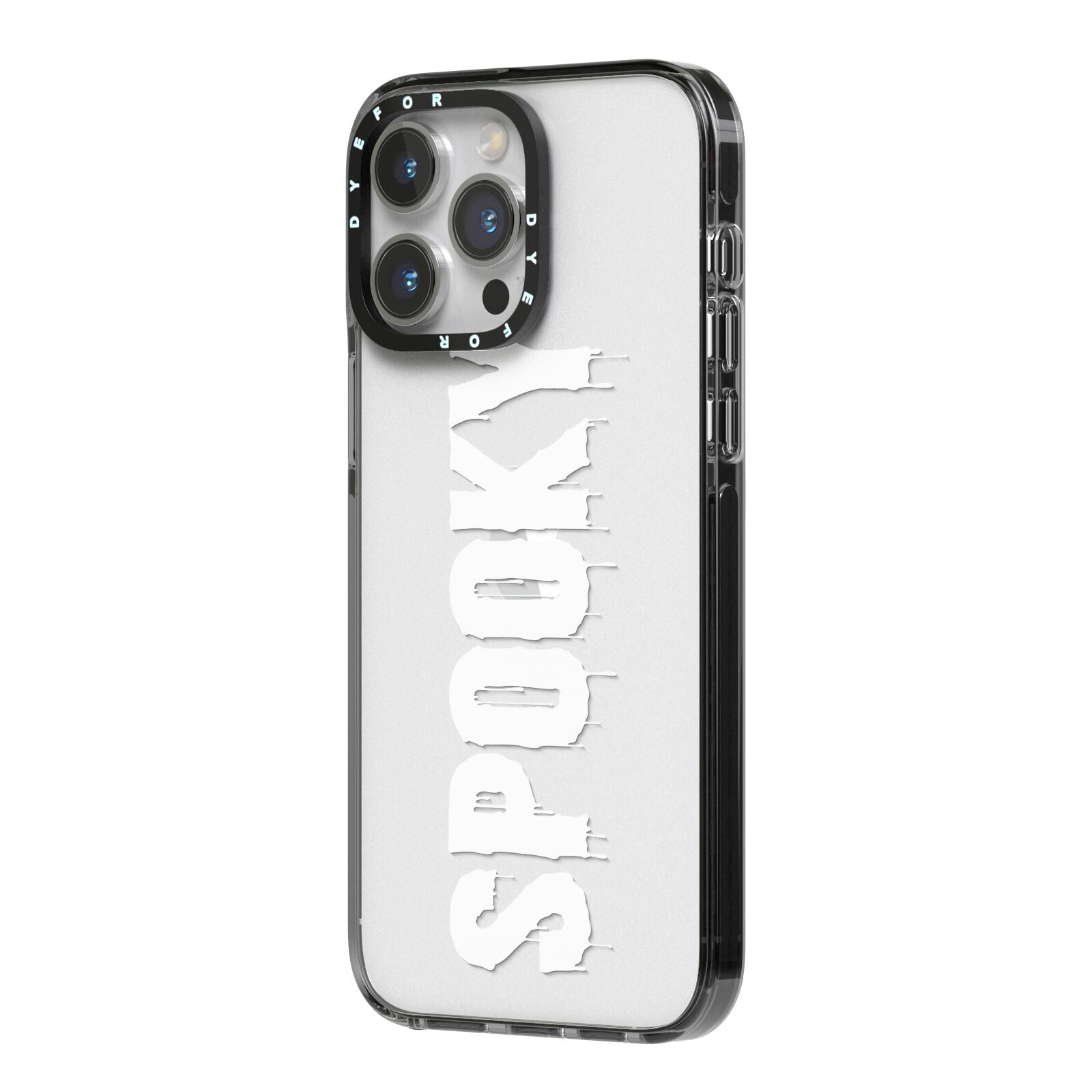 White Dripping Spooky Text iPhone 14 Pro Max Black Impact Case Side Angle on Silver phone