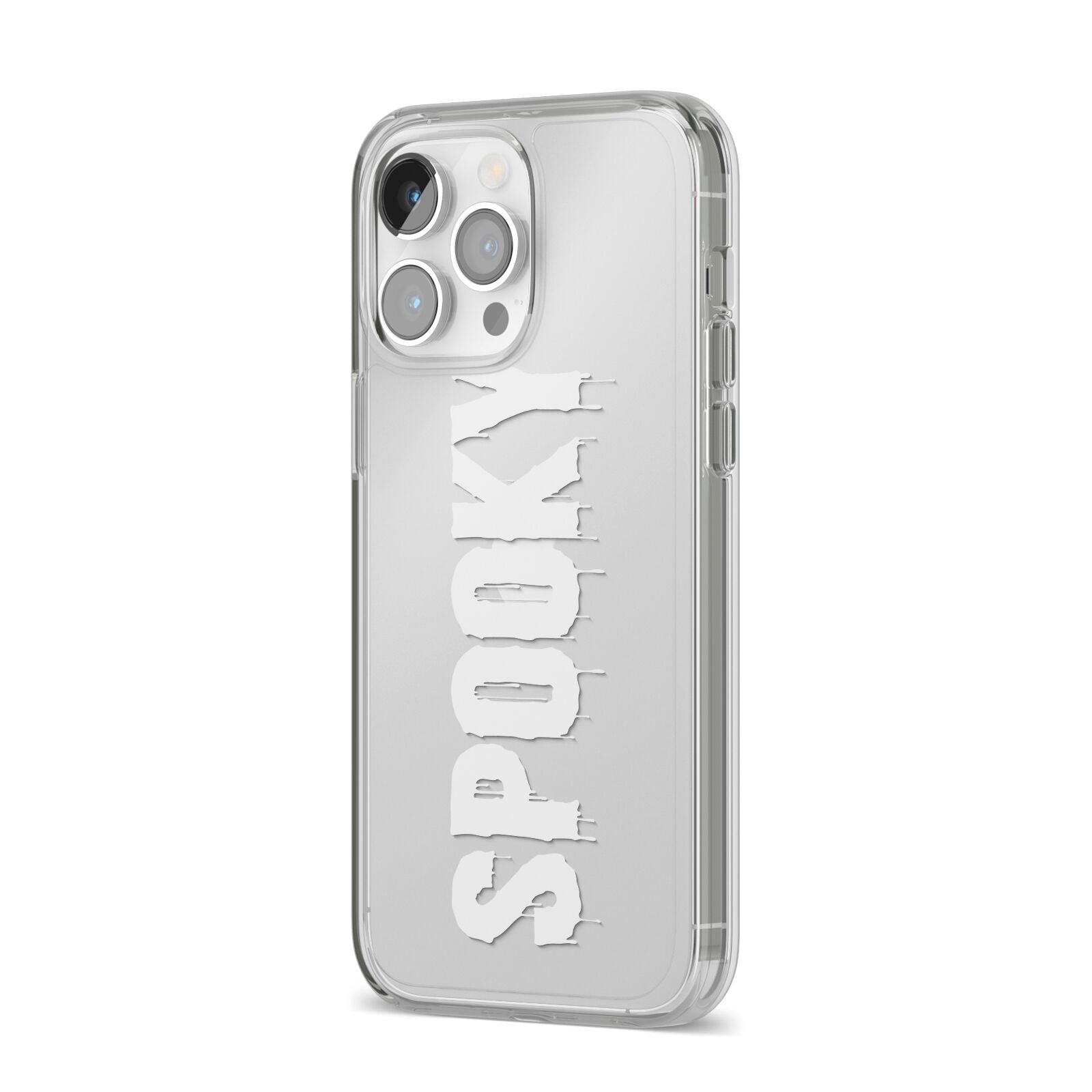White Dripping Spooky Text iPhone 14 Pro Max Clear Tough Case Silver Angled Image