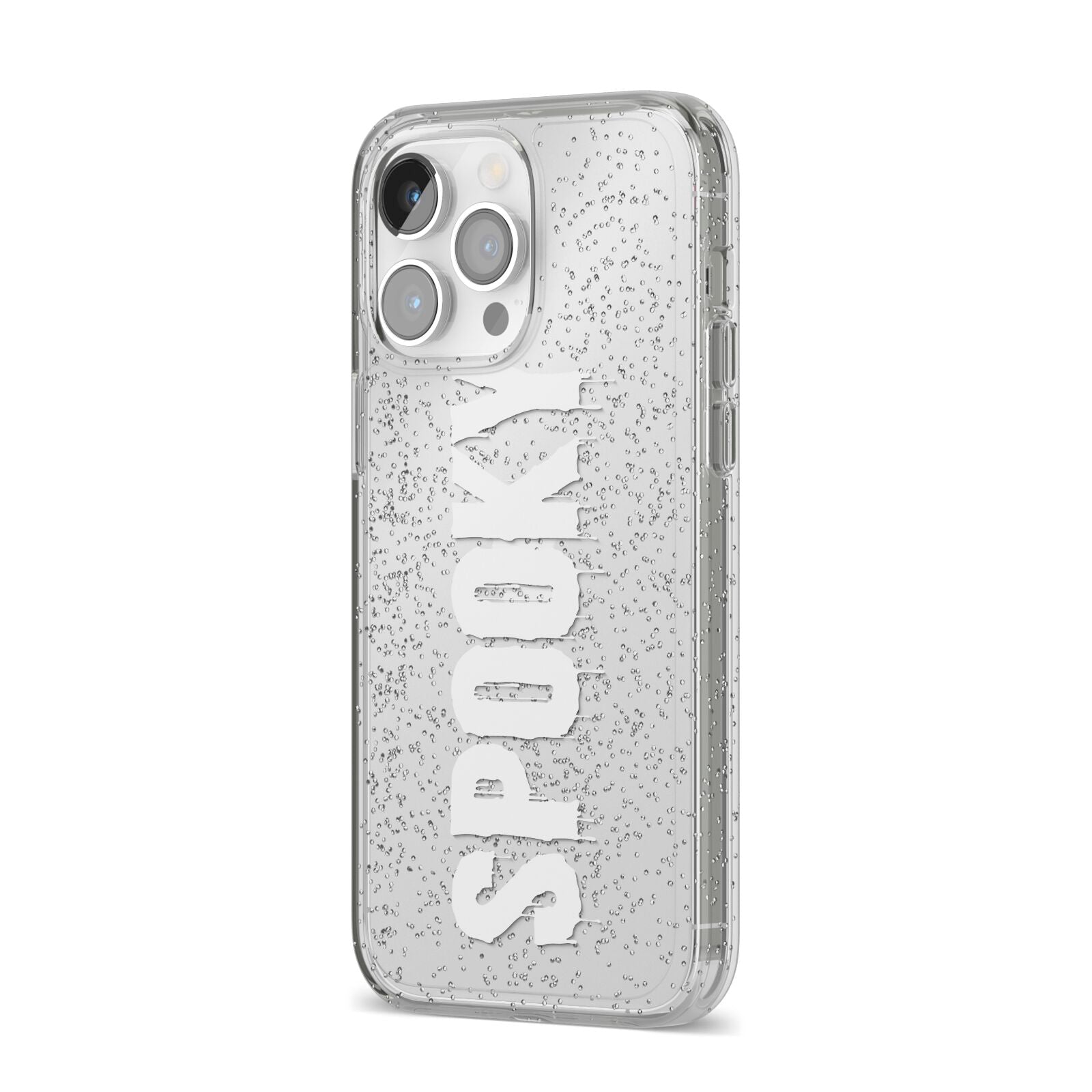 White Dripping Spooky Text iPhone 14 Pro Max Glitter Tough Case Silver Angled Image