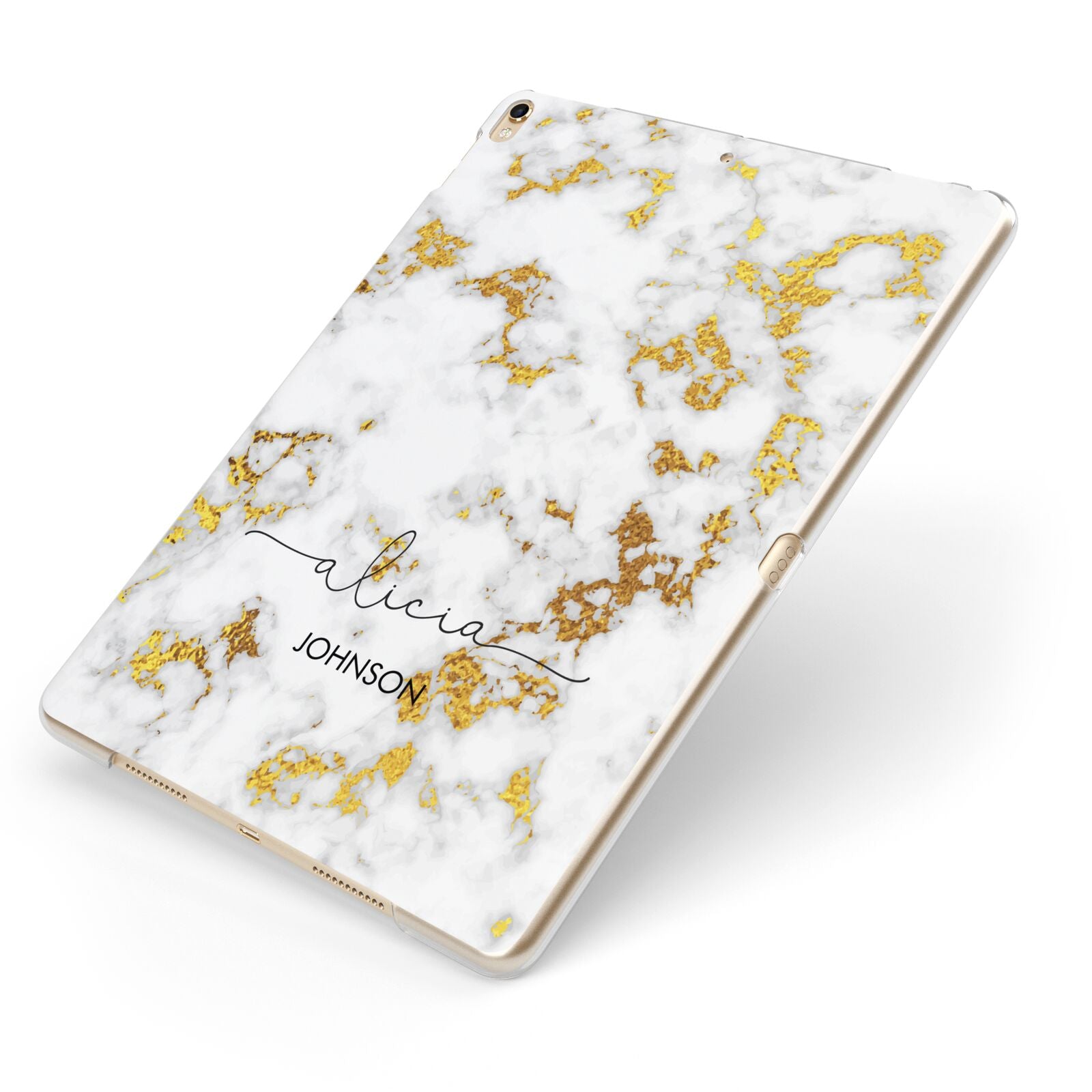 White Gold Personalised Marble Text Apple iPad Case on Gold iPad Side View