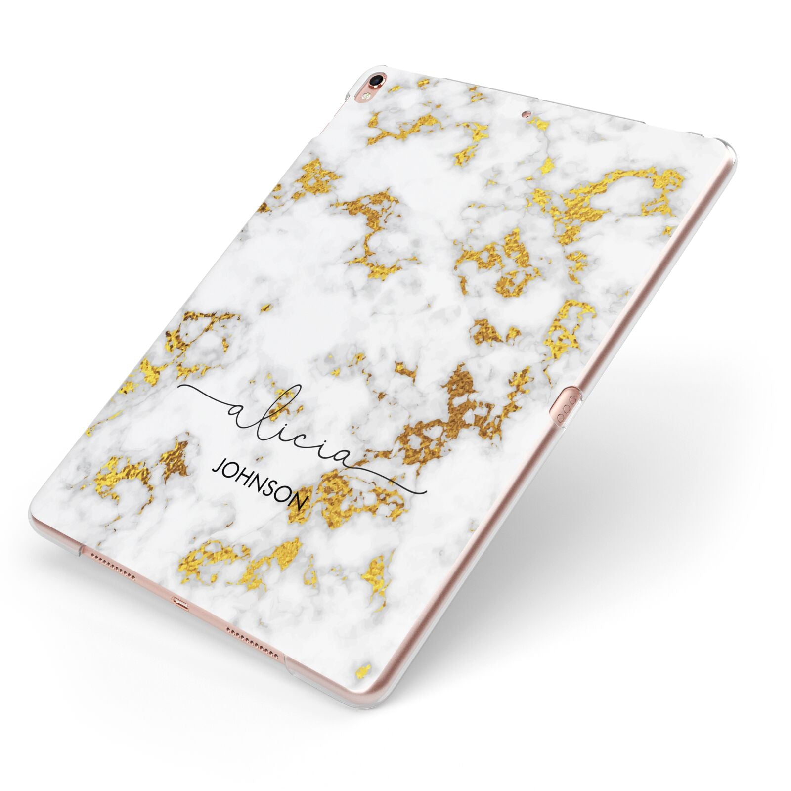 White Gold Personalised Marble Text Apple iPad Case on Rose Gold iPad Side View