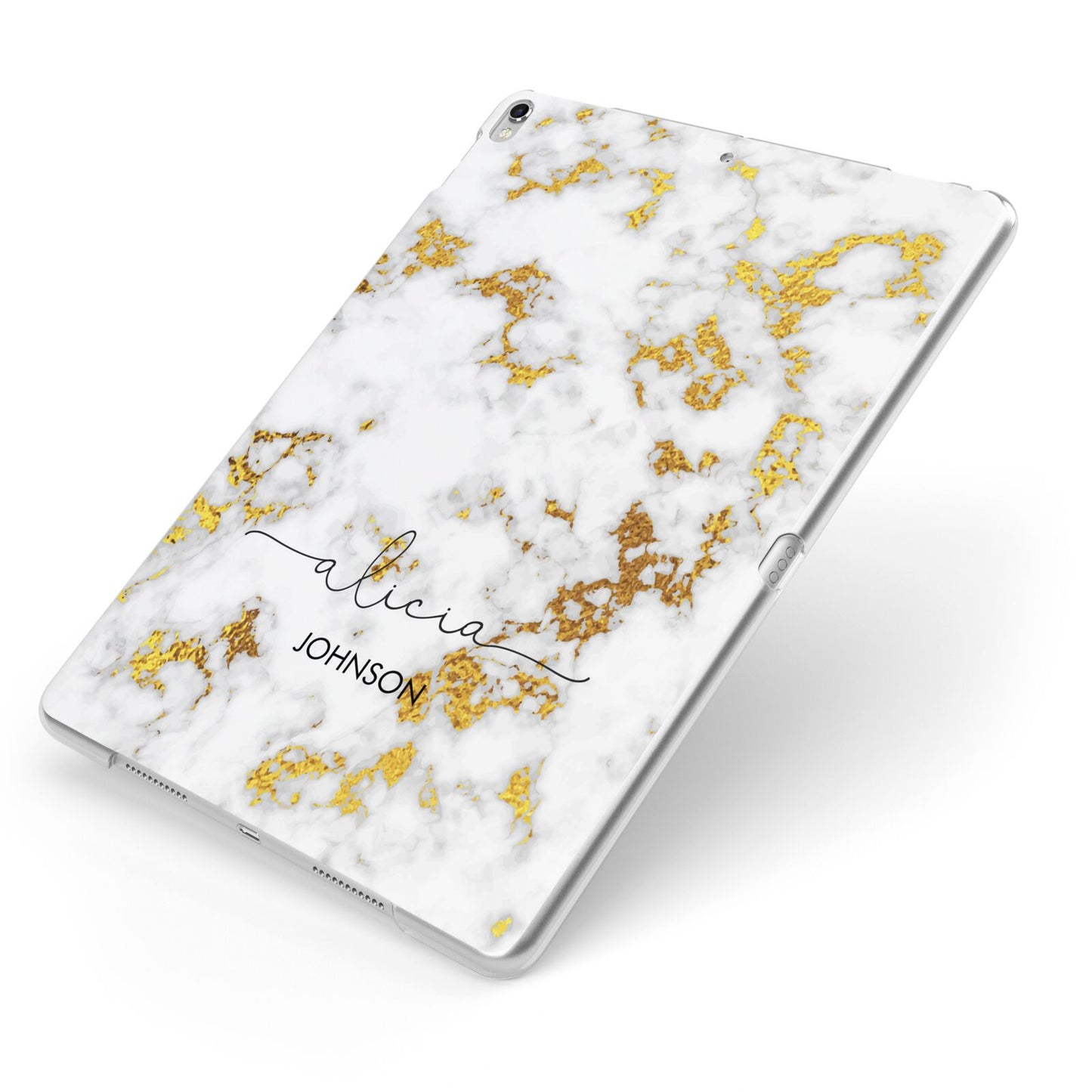White Gold Personalised Marble Text Apple iPad Case on Silver iPad Side View