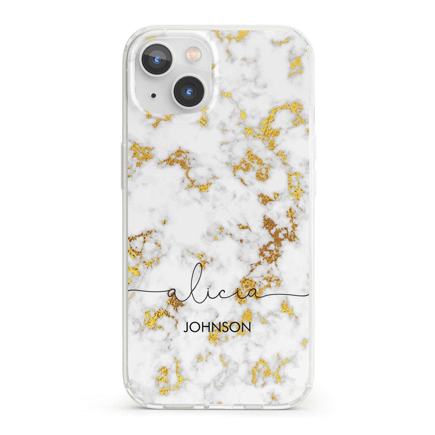 White Gold Personalised Marble Text iPhone 13 Clear Bumper Case