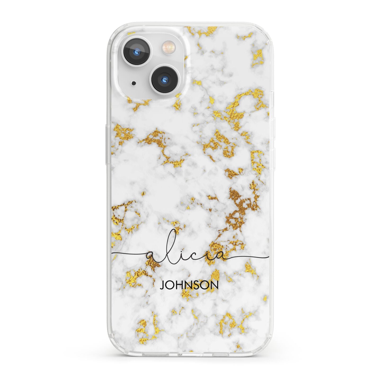 White Gold Personalised Marble Text iPhone 13 Clear Bumper Case