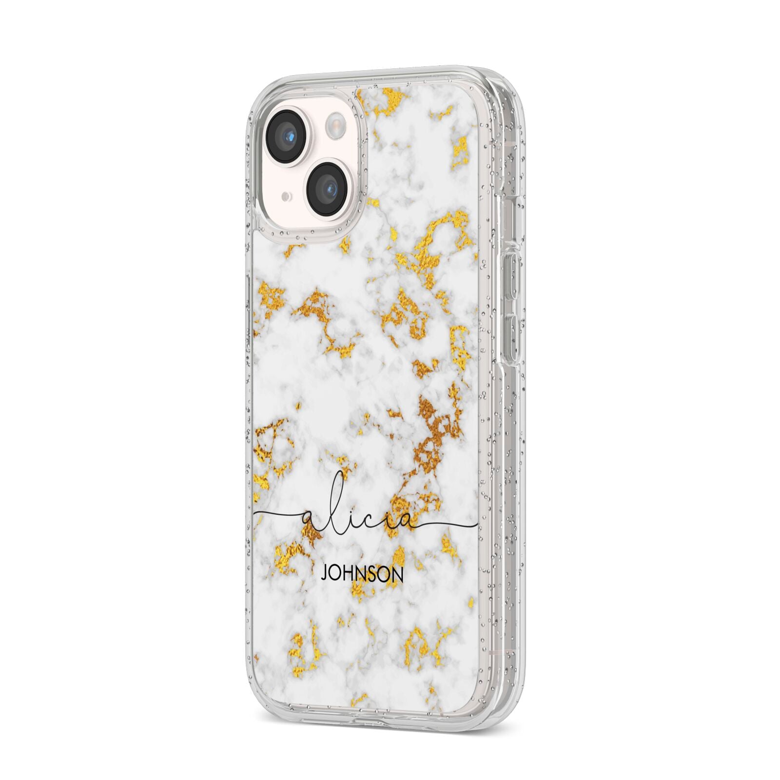 White Gold Personalised Marble Text iPhone 14 Glitter Tough Case Starlight Angled Image