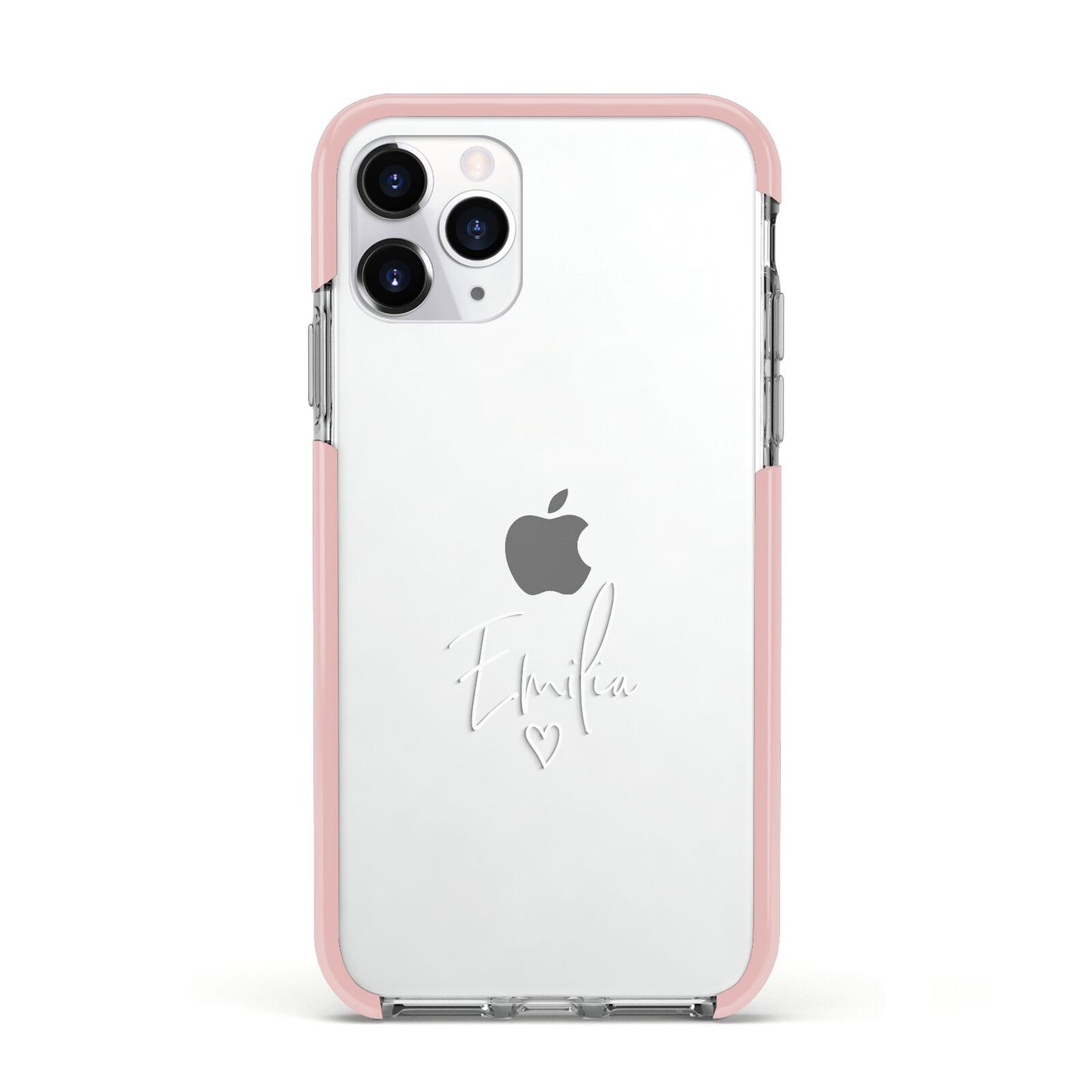 White Handwritten Name Transparent Apple iPhone 11 Pro in Silver with Pink Impact Case
