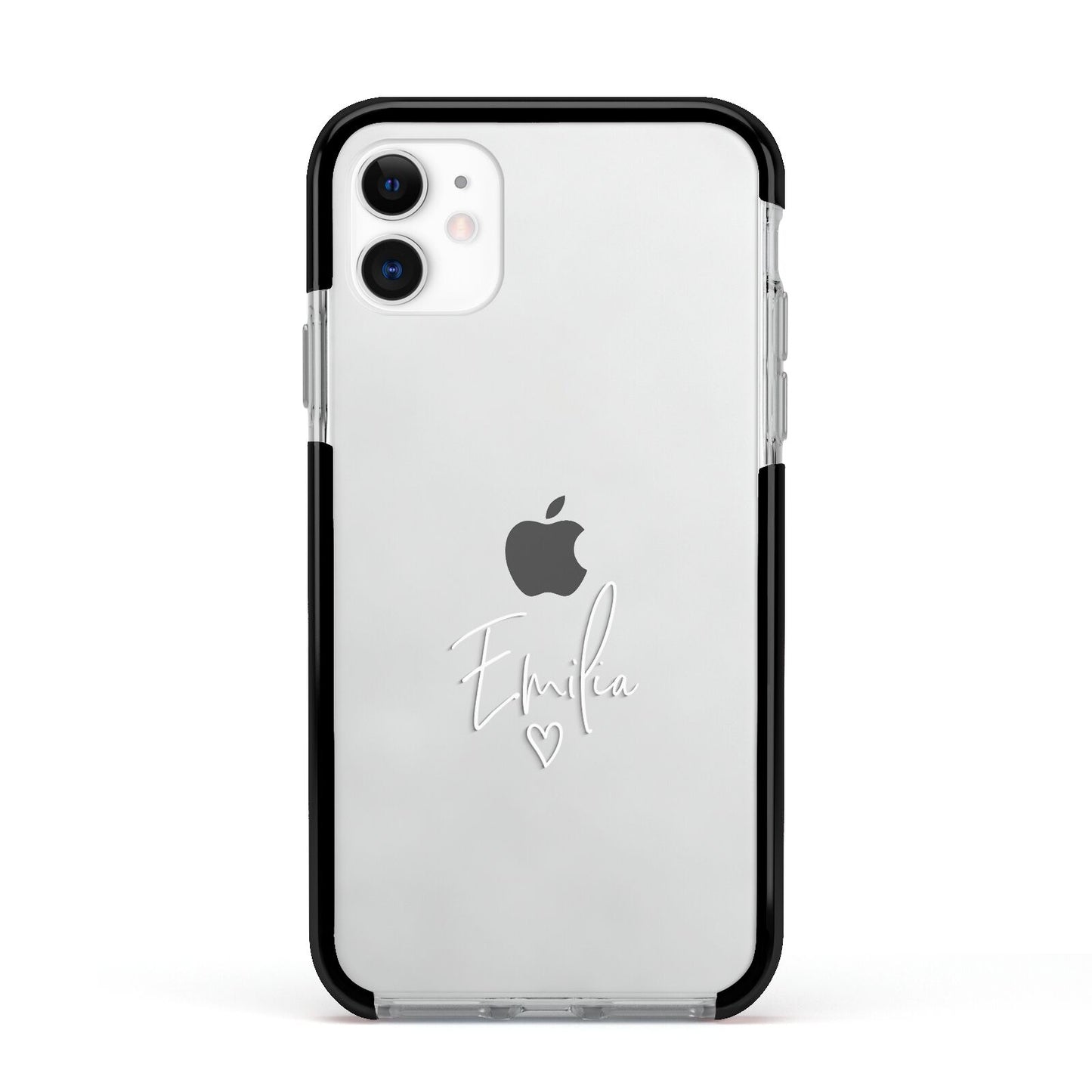 White Handwritten Name Transparent Apple iPhone 11 in White with Black Impact Case