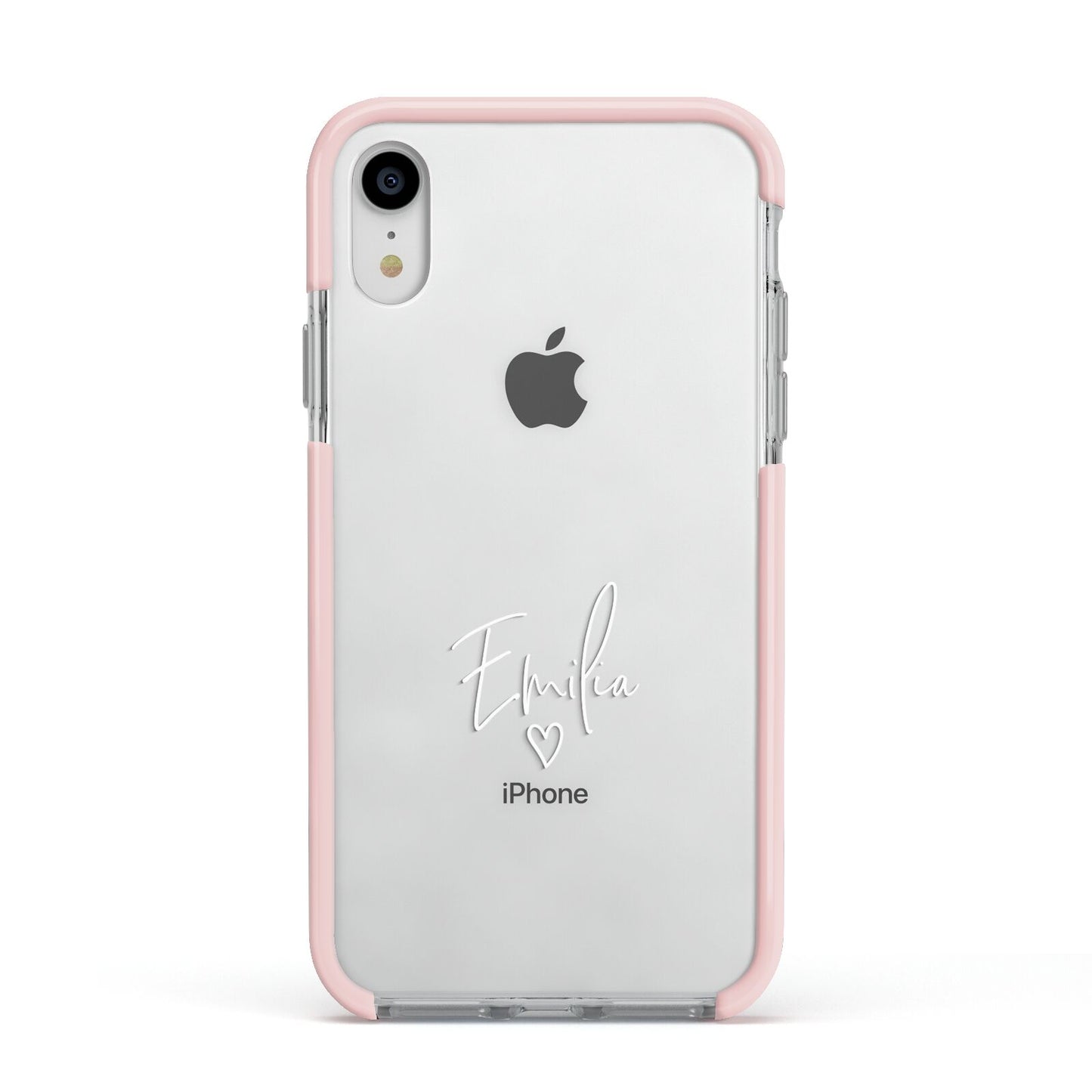 White Handwritten Name Transparent Apple iPhone XR Impact Case Pink Edge on Silver Phone