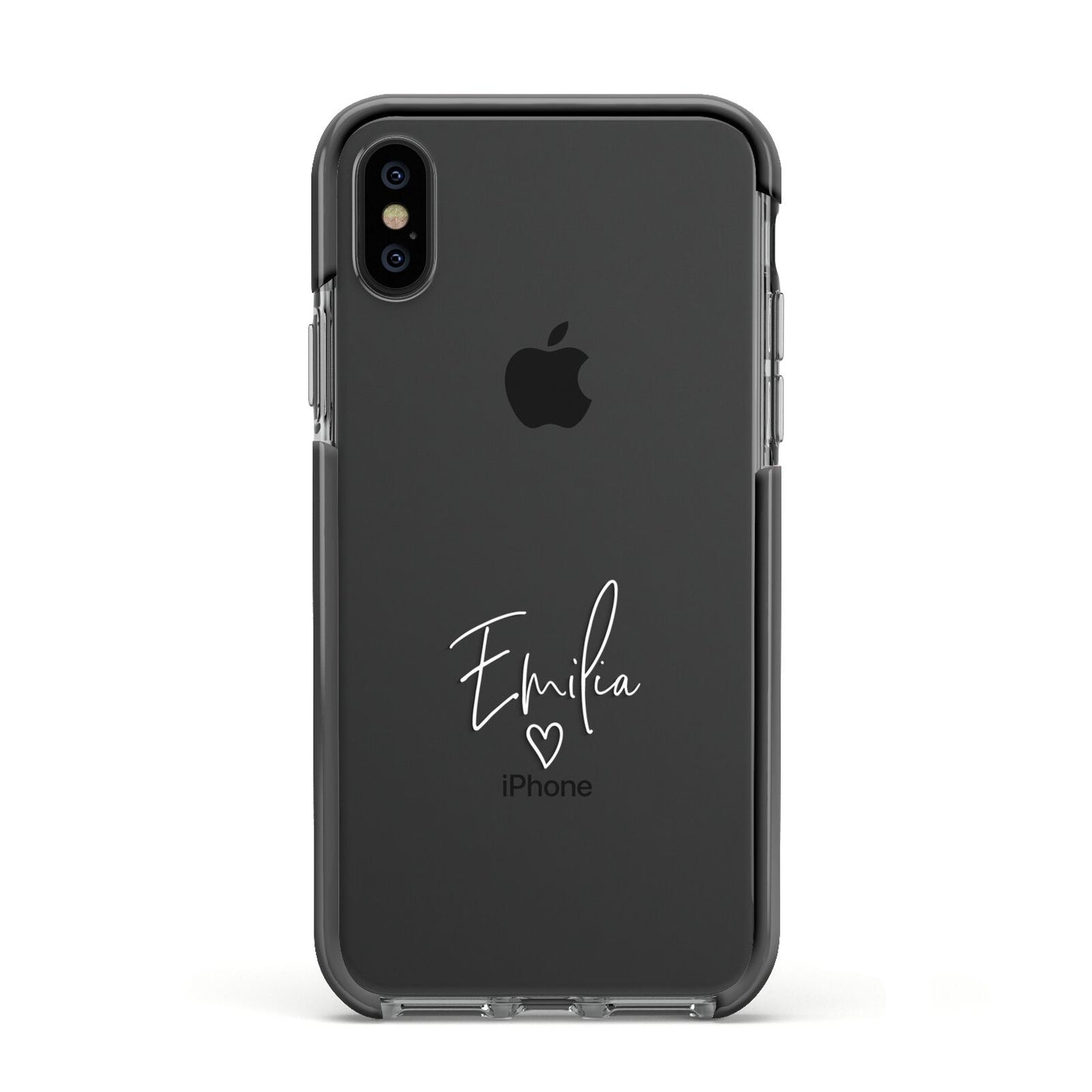 White Handwritten Name Transparent Apple iPhone Xs Impact Case Black Edge on Black Phone