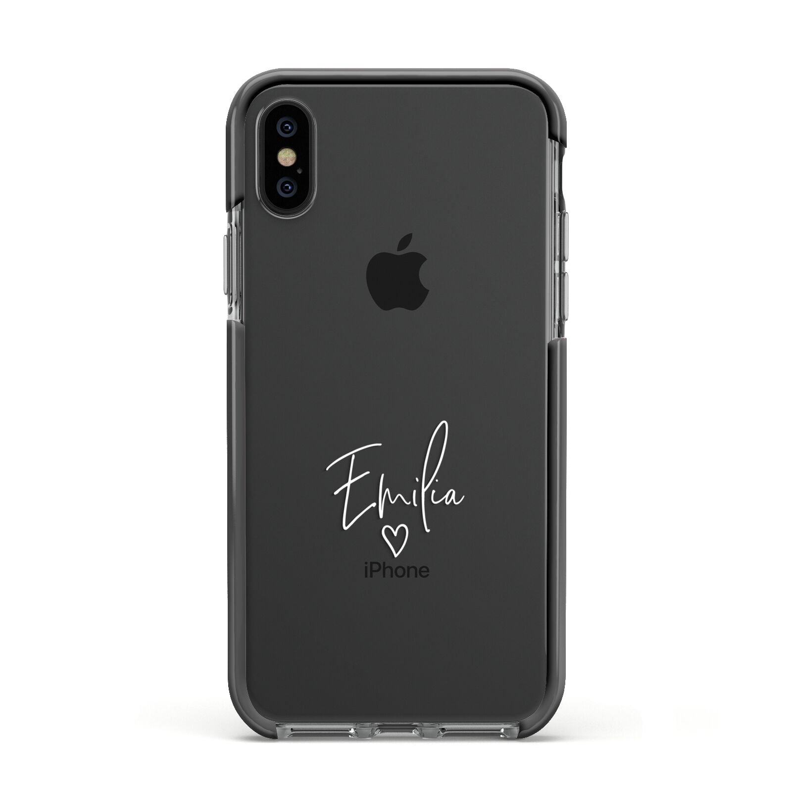 White Handwritten Name Transparent Apple iPhone Xs Impact Case Black Edge on Black Phone