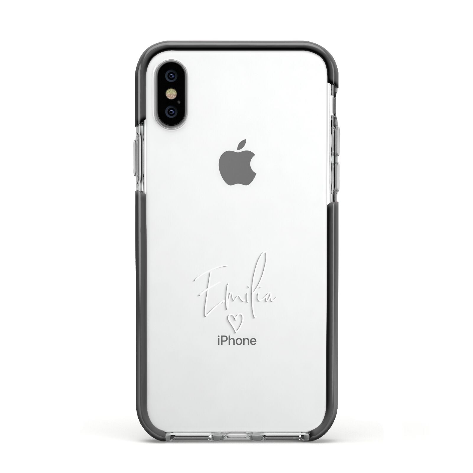 White Handwritten Name Transparent Apple iPhone Xs Impact Case Black Edge on Silver Phone