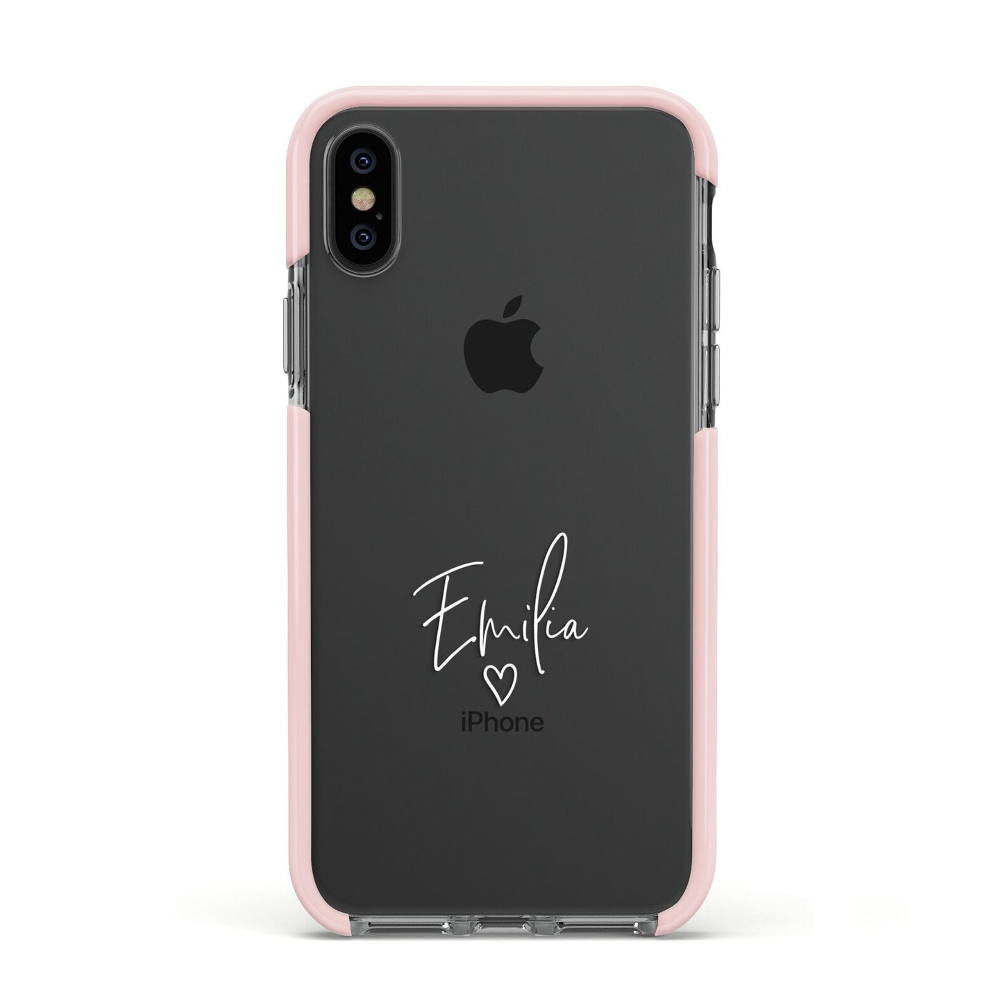 White Handwritten Name Transparent Apple iPhone Xs Impact Case Pink Edge on Black Phone