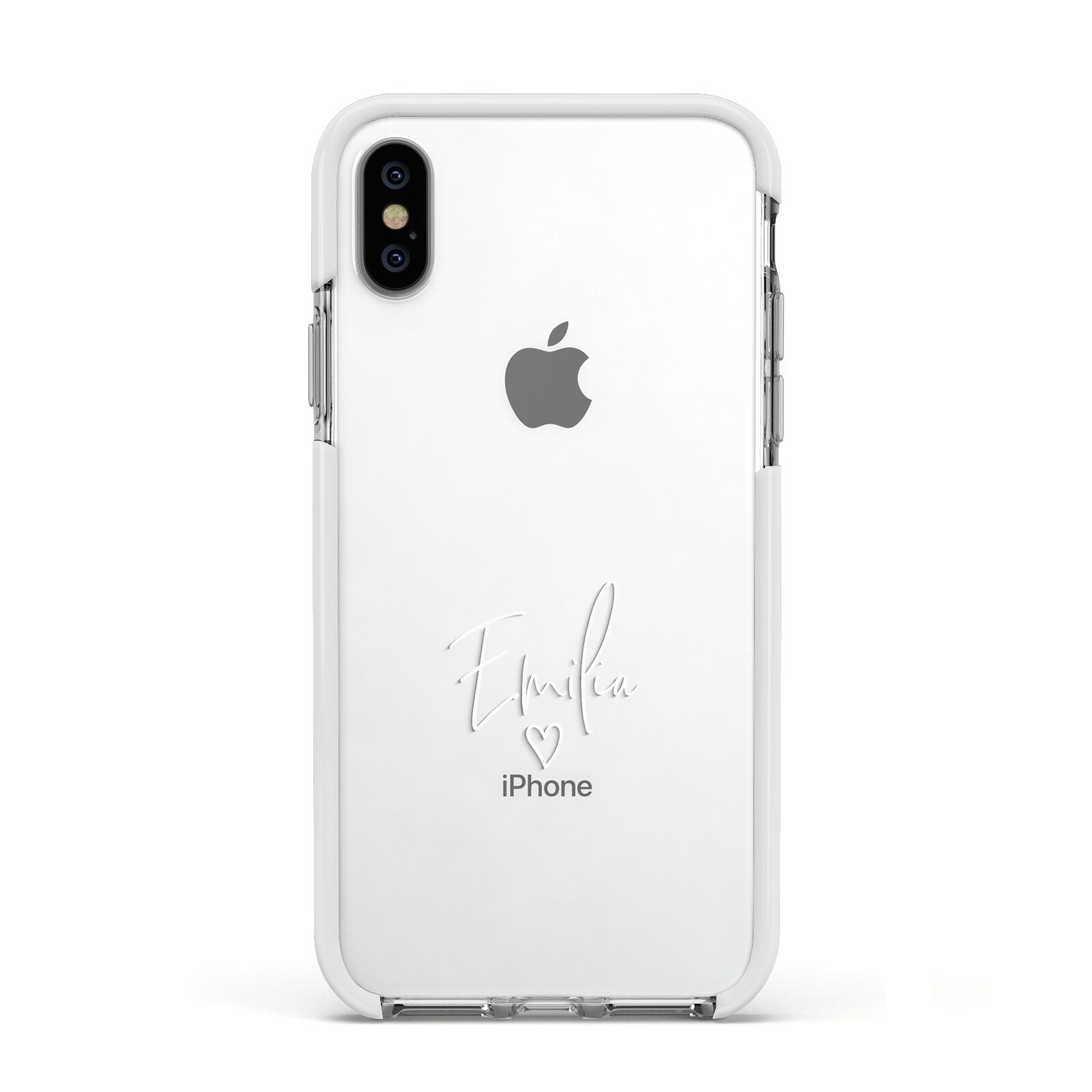 White Handwritten Name Transparent Apple iPhone Xs Impact Case White Edge on Silver Phone