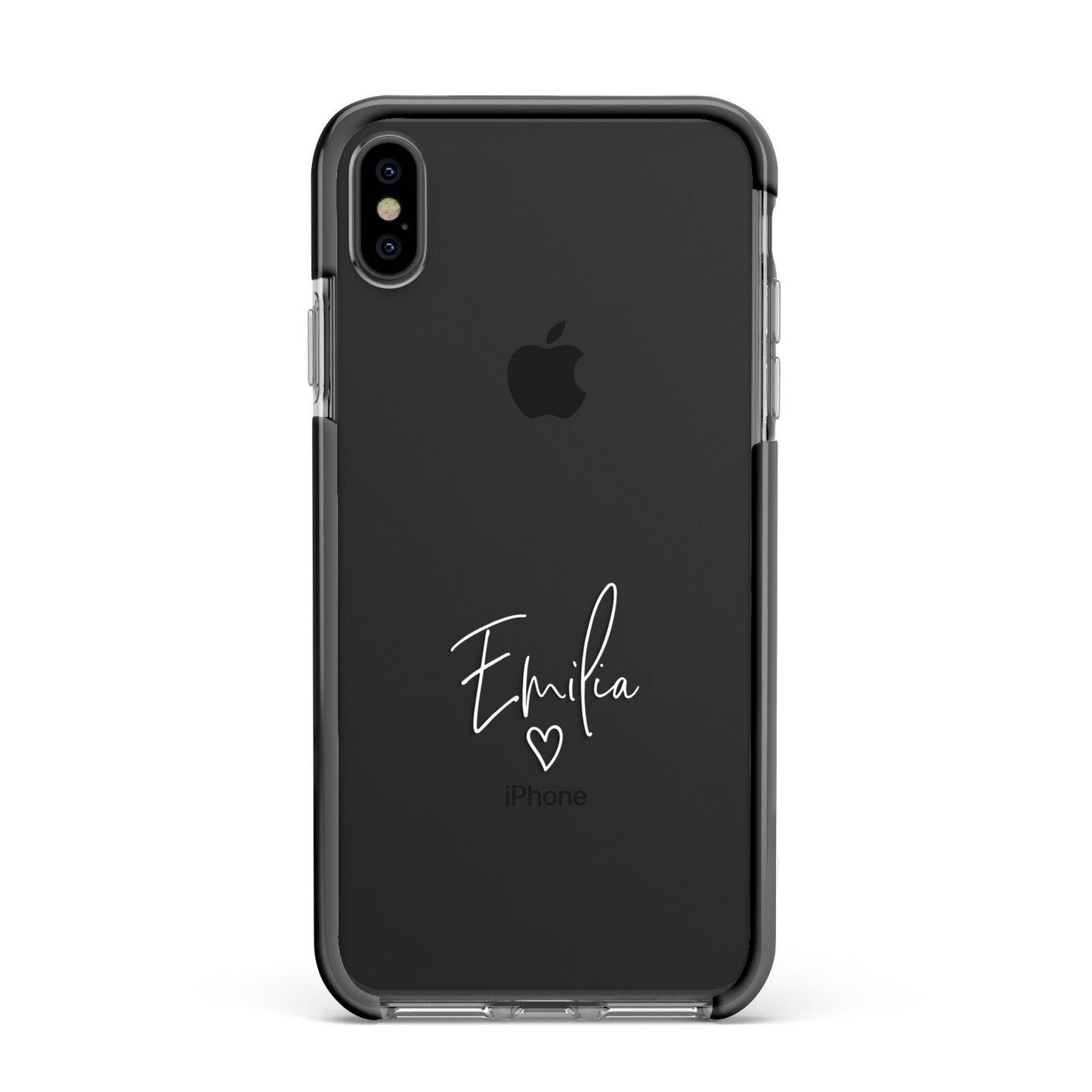 White Handwritten Name Transparent Apple iPhone Xs Max Impact Case Black Edge on Black Phone