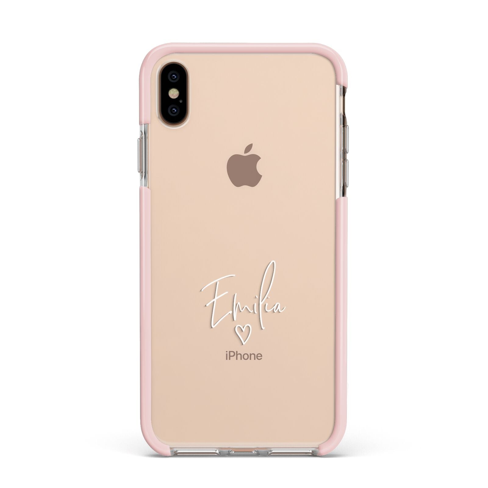 White Handwritten Name Transparent Apple iPhone Xs Max Impact Case Pink Edge on Gold Phone