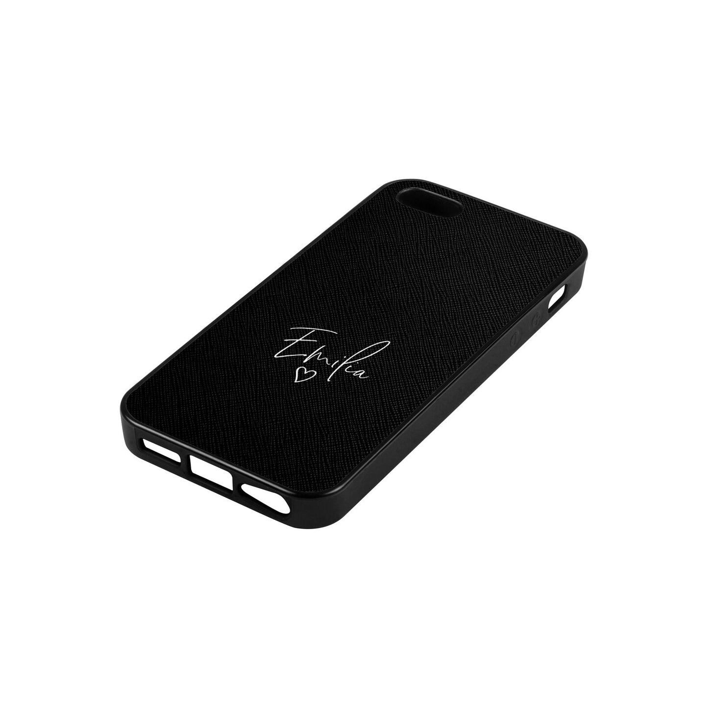 White Handwritten Name Transparent Black Saffiano Leather iPhone 5 Case Side Angle