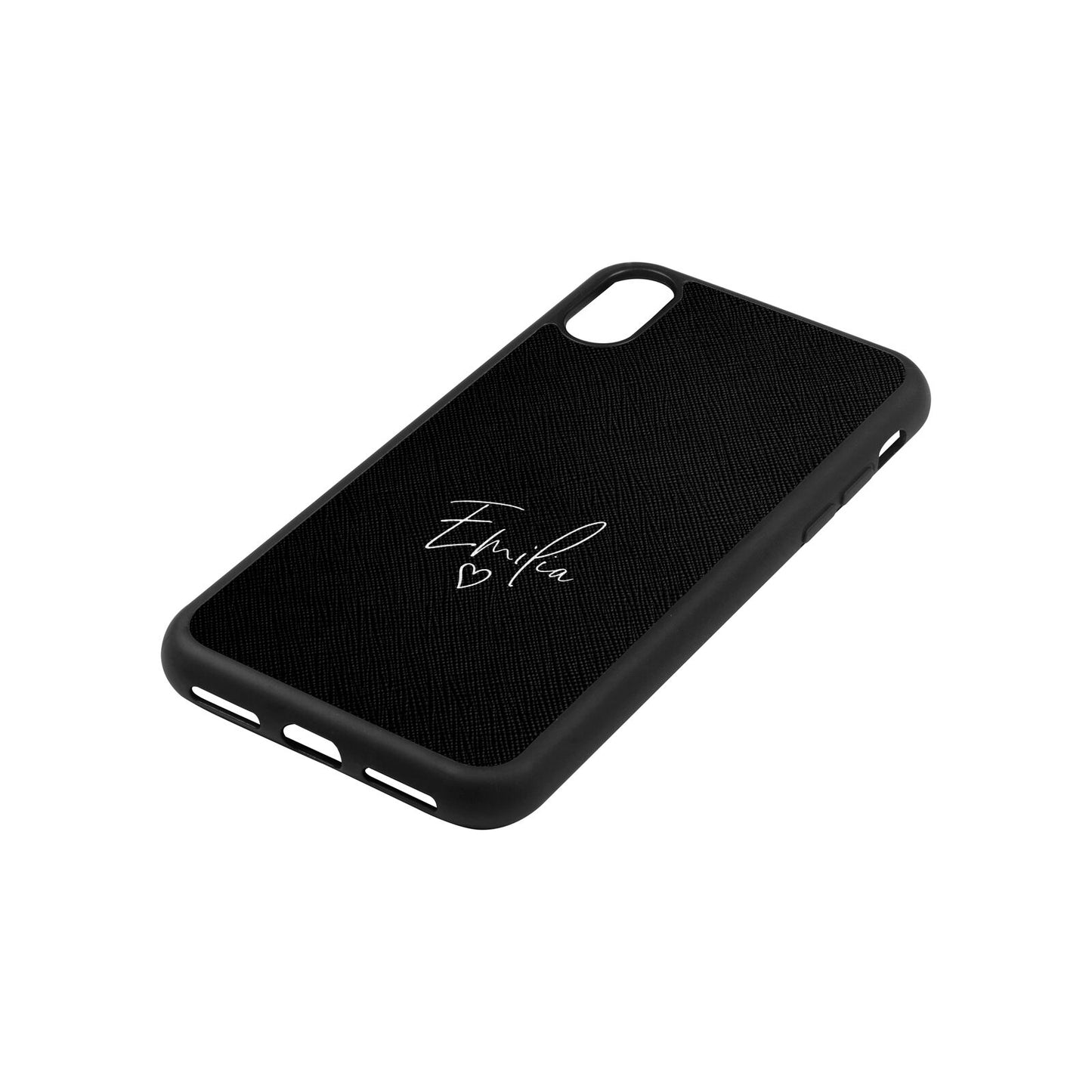 White Handwritten Name Transparent Black Saffiano Leather iPhone Xs Case Side Angle