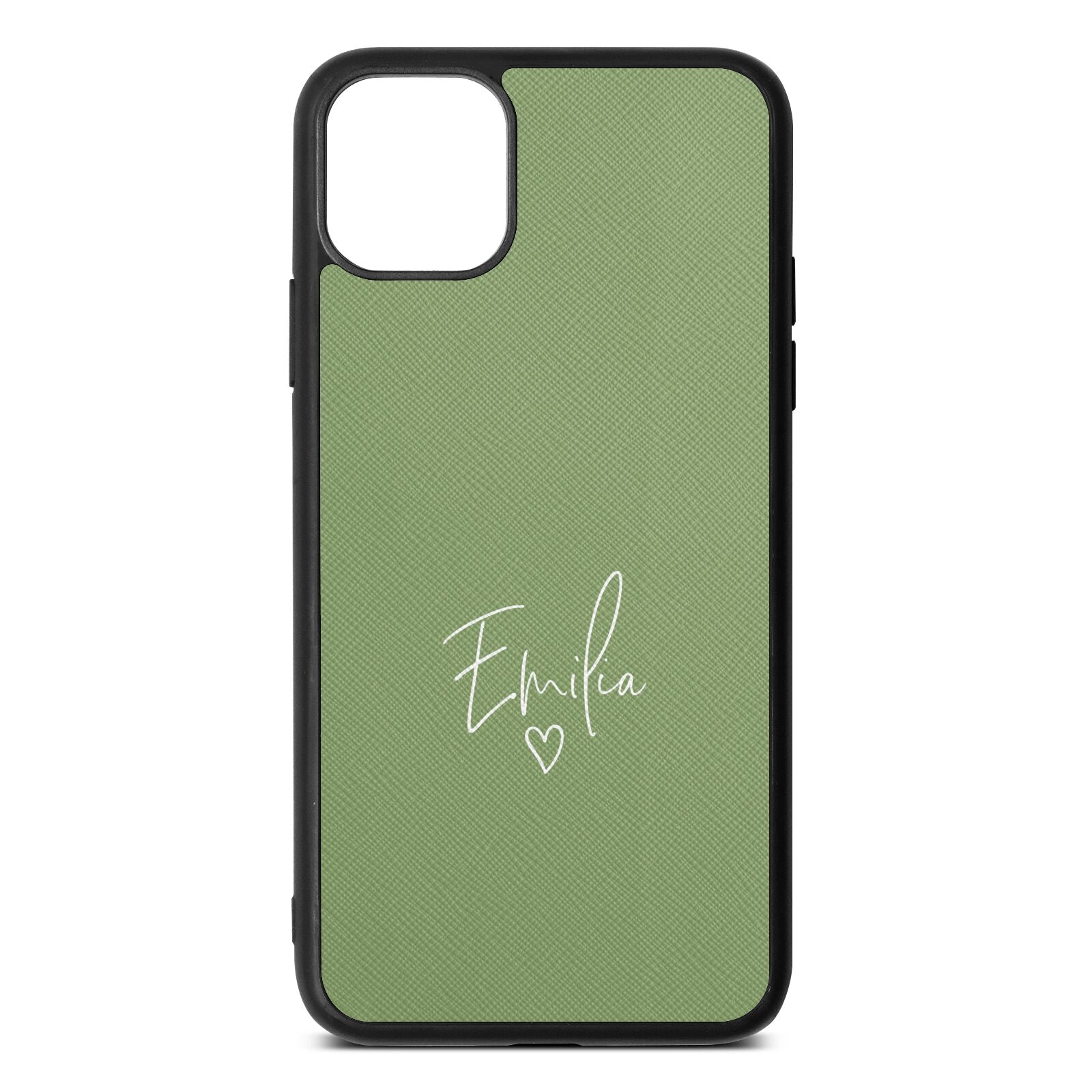 White Handwritten Name Transparent Lime Saffiano Leather iPhone 11 Pro Max Case