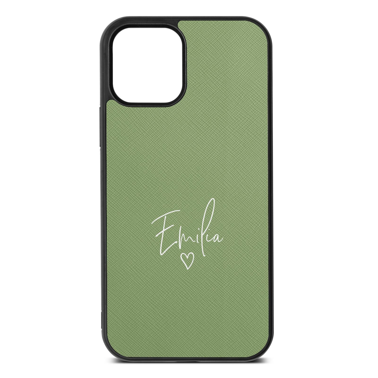 White Handwritten Name Transparent Lime Saffiano Leather iPhone 12 Case