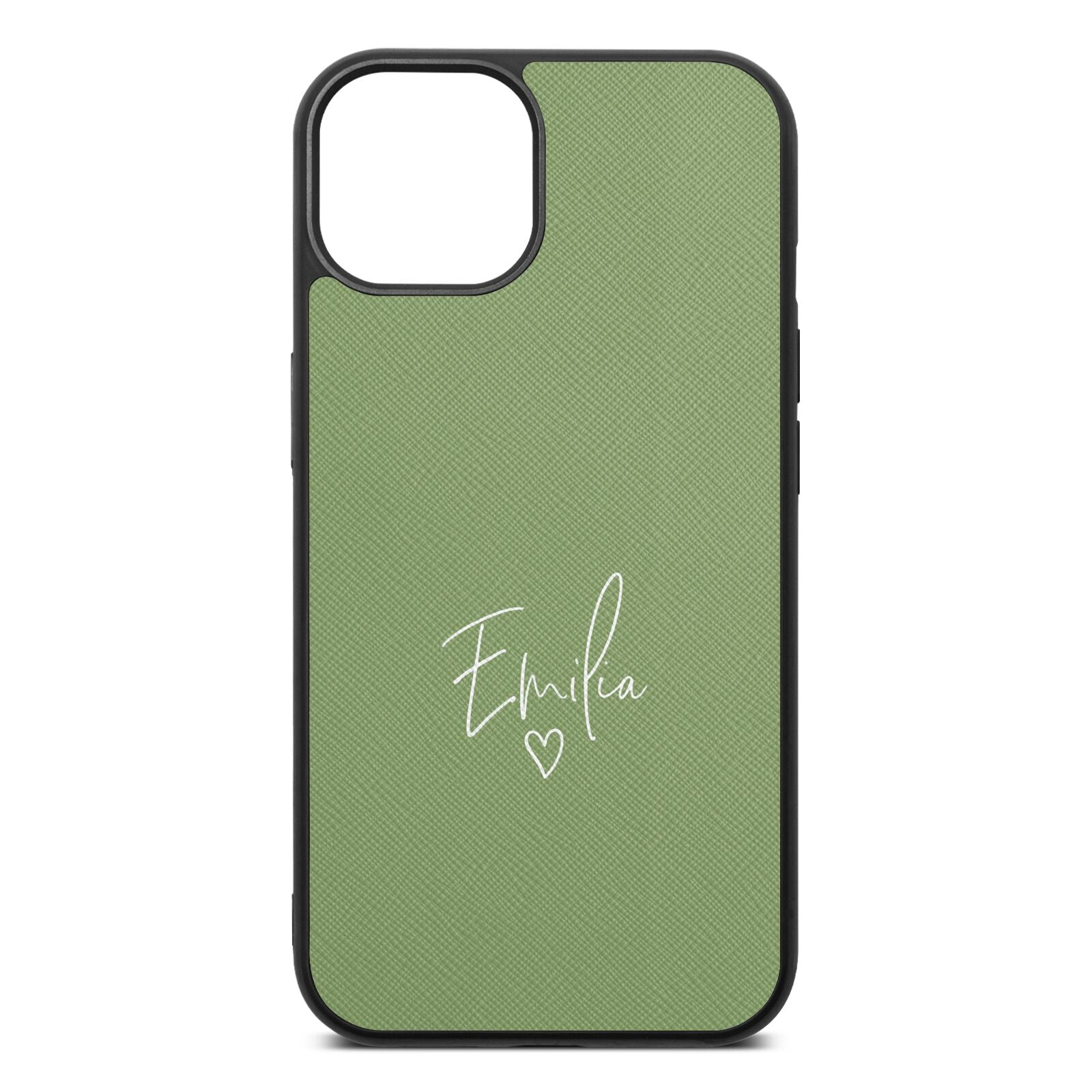 White Handwritten Name Transparent Lime Saffiano Leather iPhone 13 Case