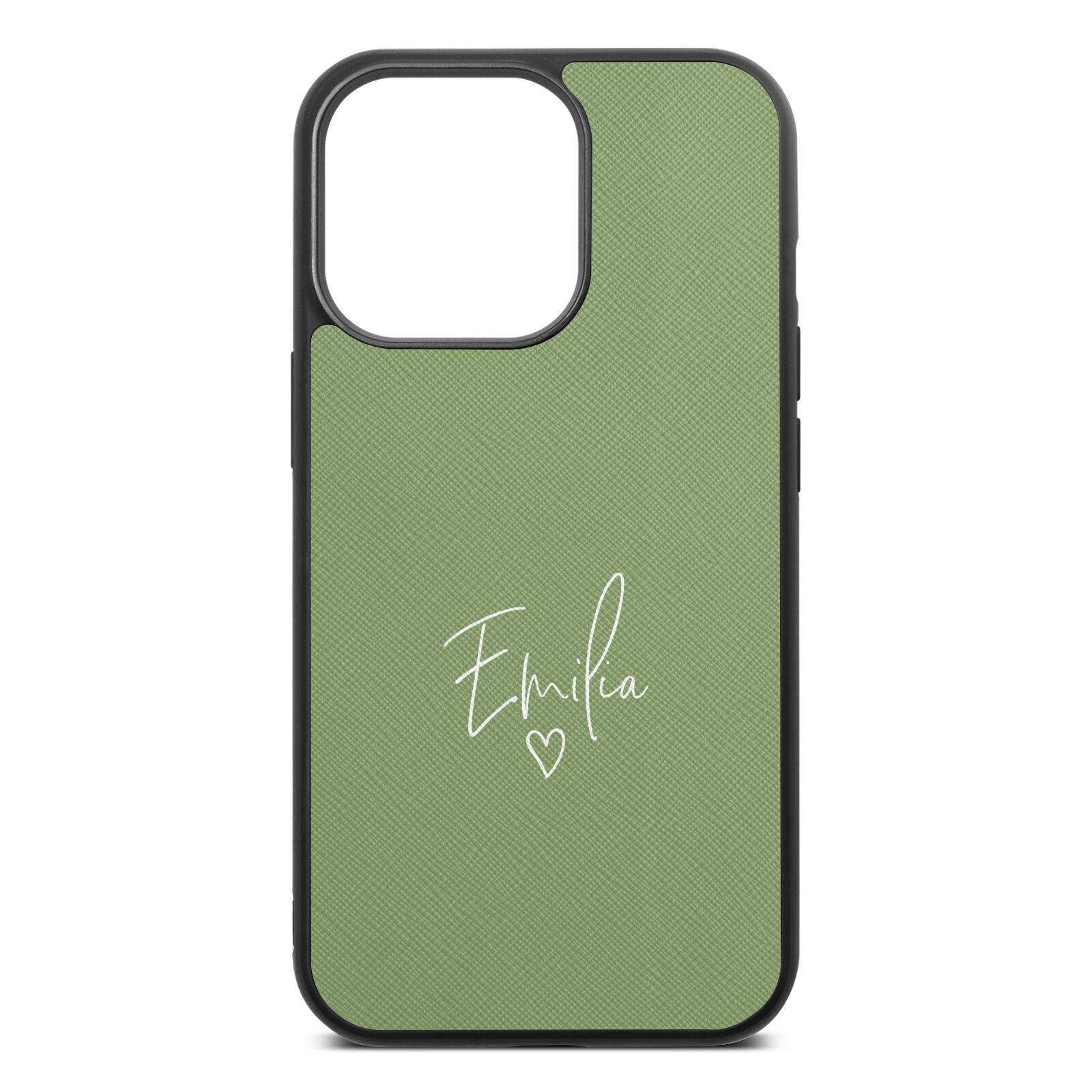 White Handwritten Name Transparent Lime Saffiano Leather iPhone 13 Pro Case