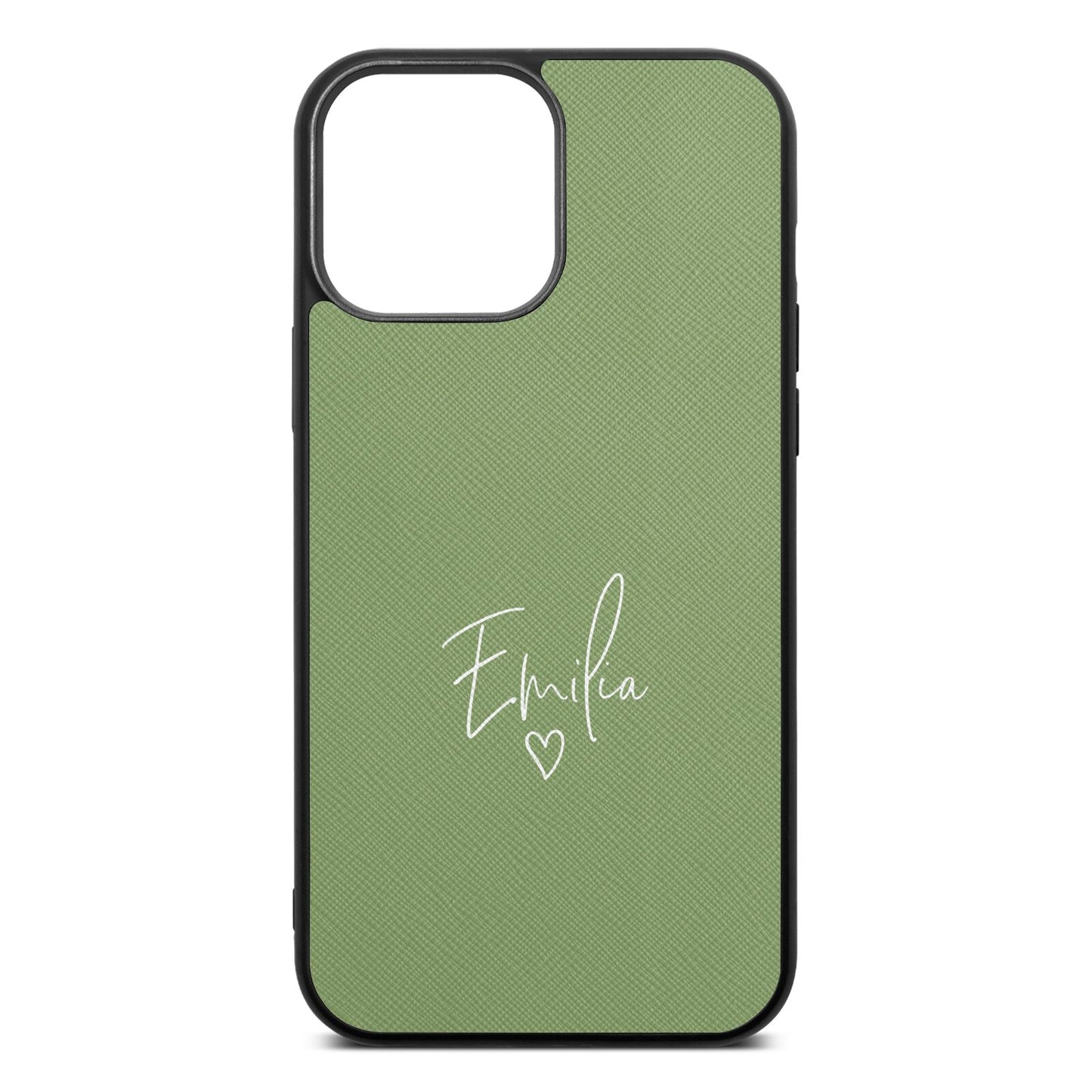 White Handwritten Name Transparent Lime Saffiano Leather iPhone 13 Pro Max Case