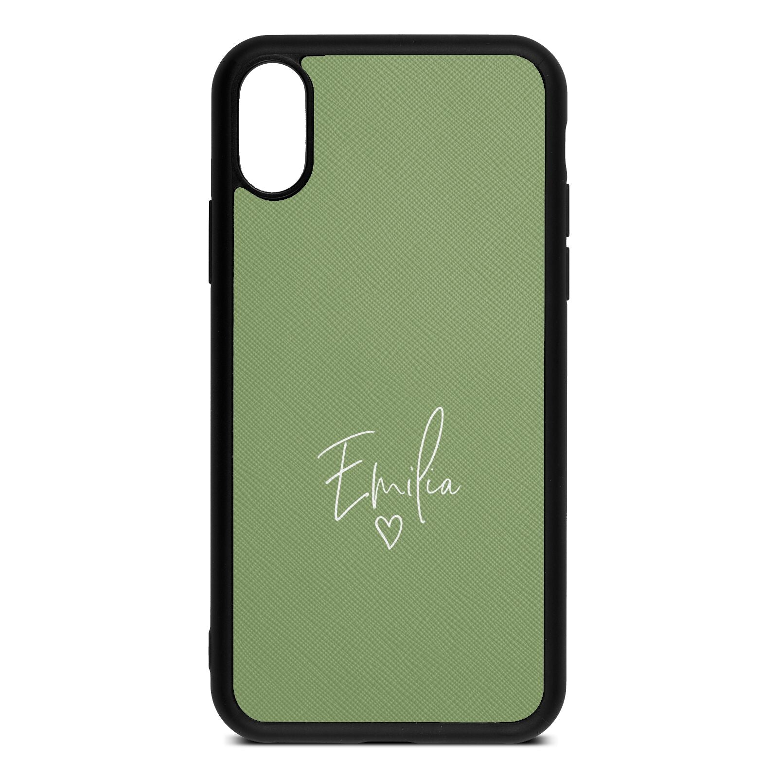 White Handwritten Name Transparent Lime Saffiano Leather iPhone Xs Case