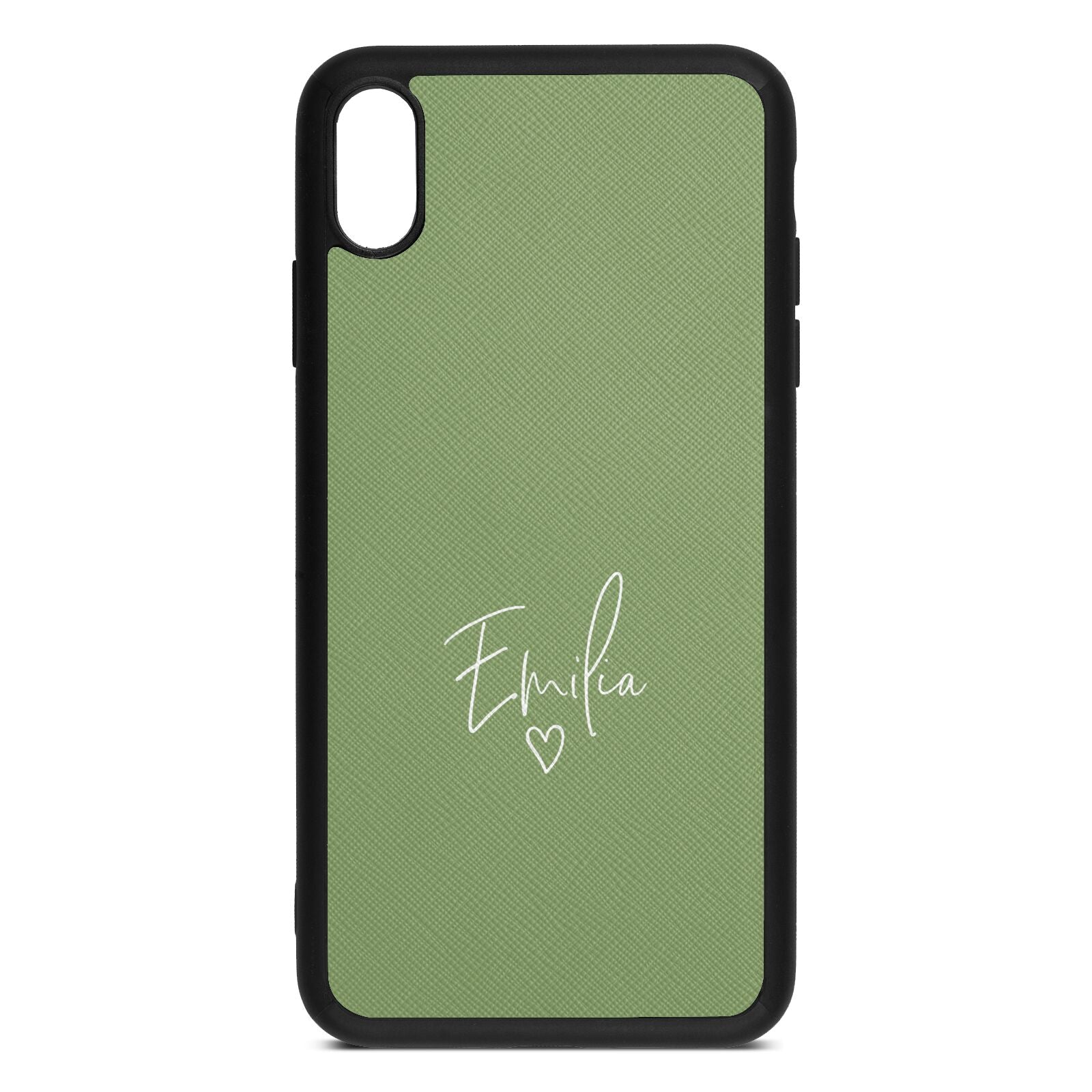 White Handwritten Name Transparent Lime Saffiano Leather iPhone Xs Max Case
