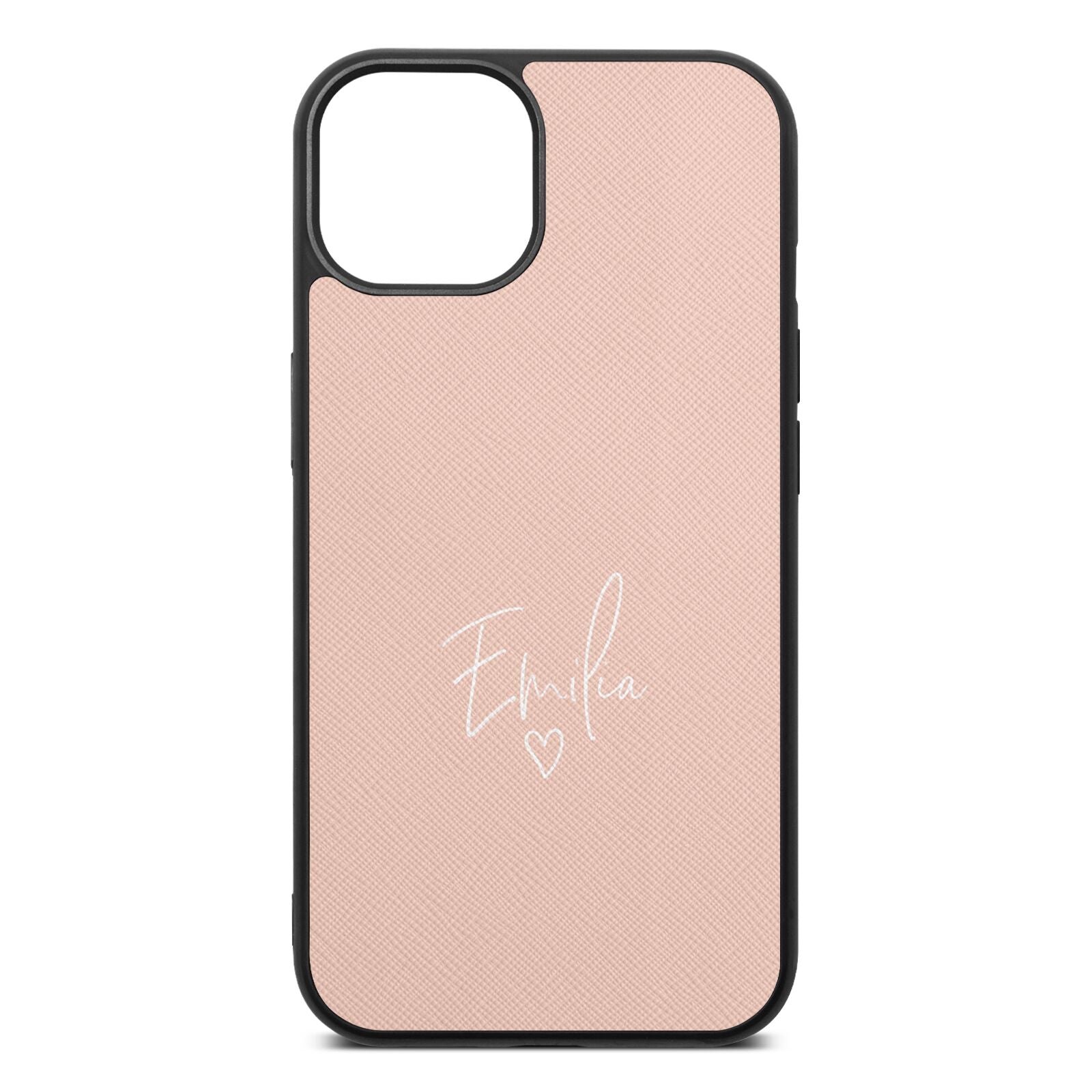 White Handwritten Name Transparent Nude Saffiano Leather iPhone 13 Case