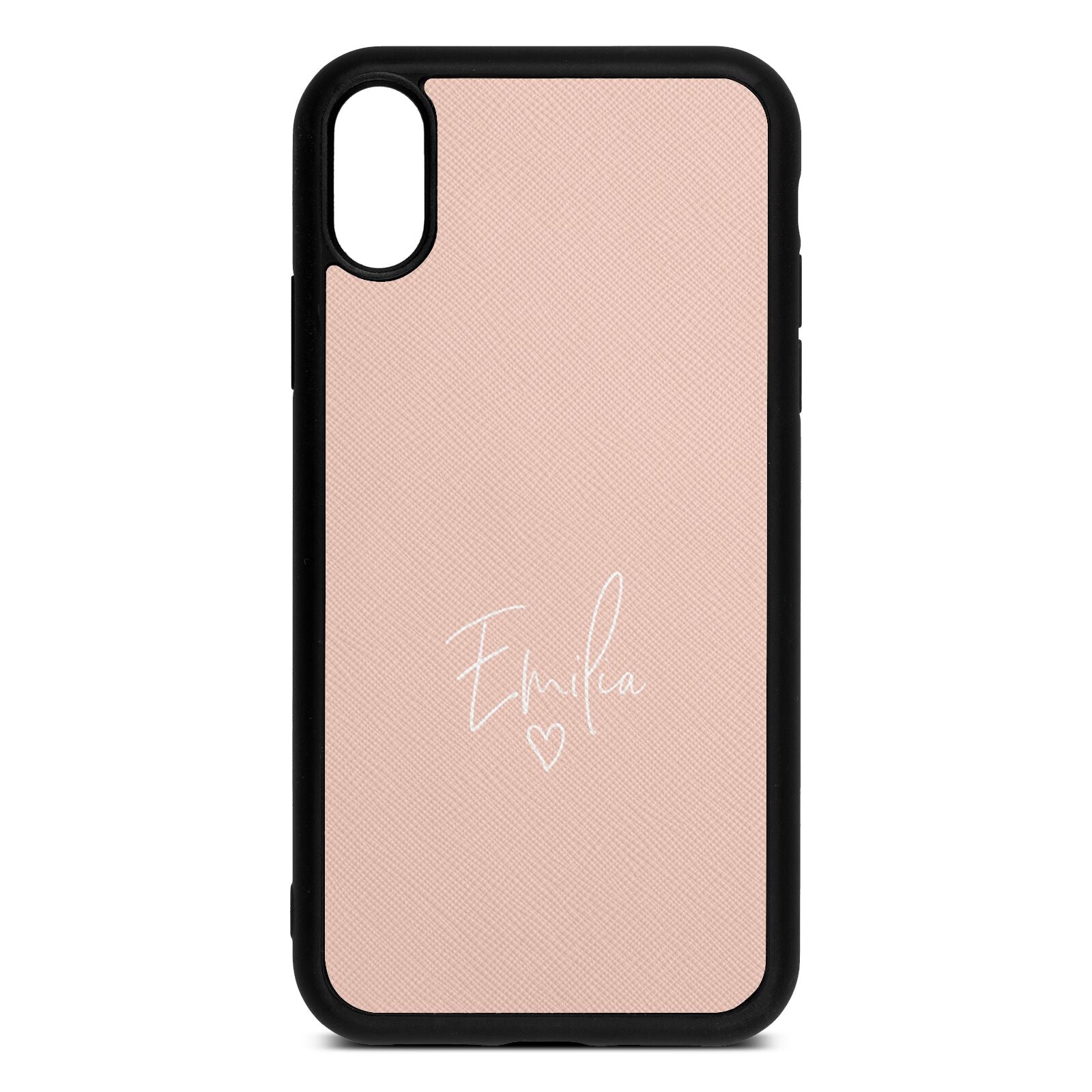White Handwritten Name Transparent Nude Saffiano Leather iPhone Xr Case