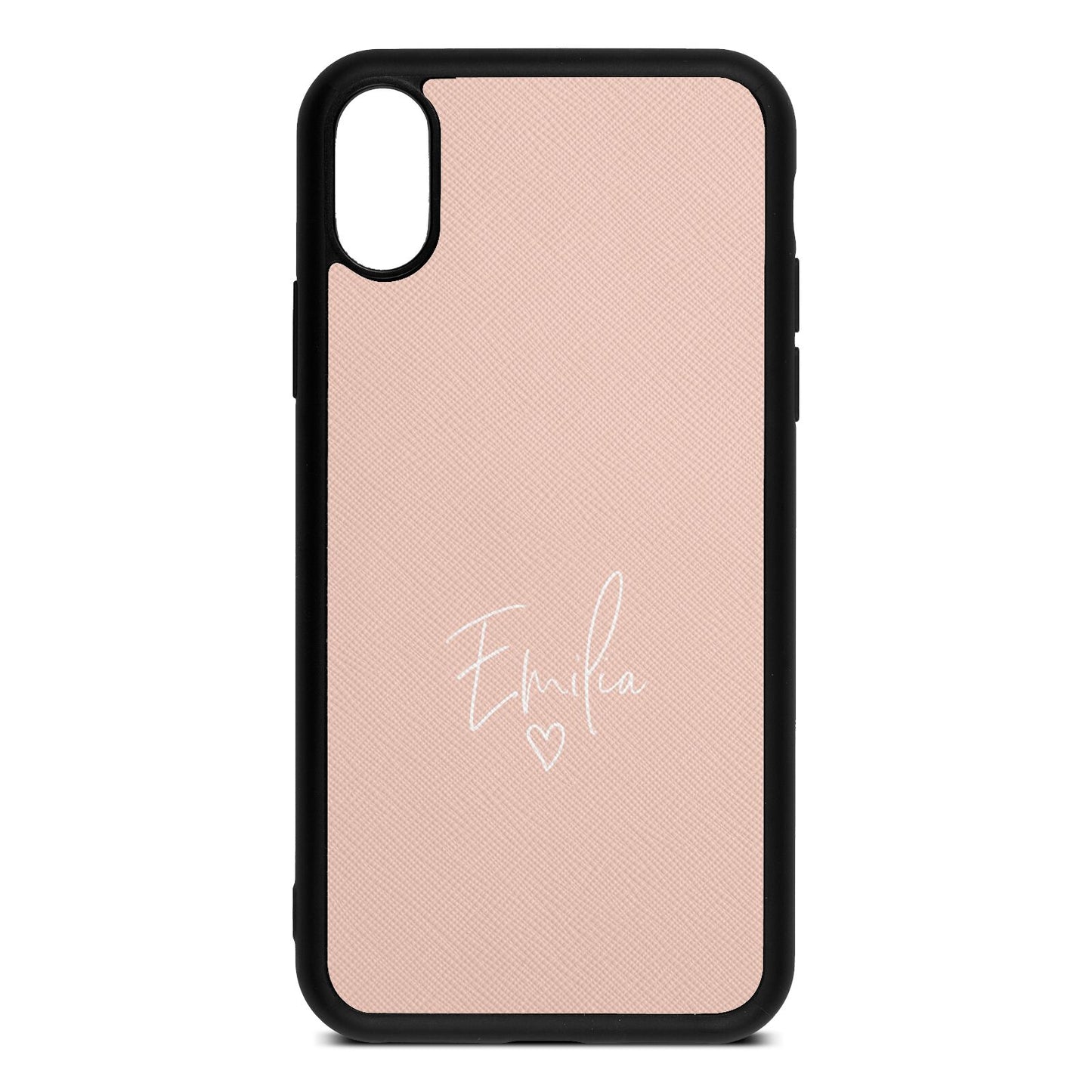 White Handwritten Name Transparent Nude Saffiano Leather iPhone Xs Case