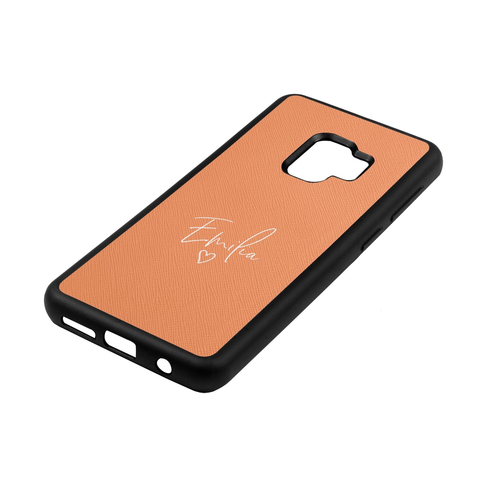 White Handwritten Name Transparent Orange Saffiano Leather Samsung S9 Case Side Angle