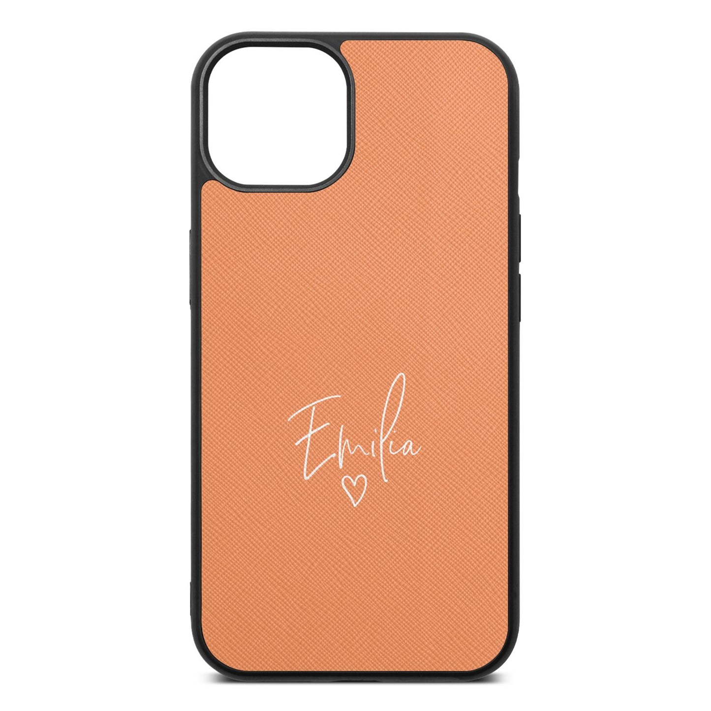 White Handwritten Name Transparent Orange Saffiano Leather iPhone 13 Case