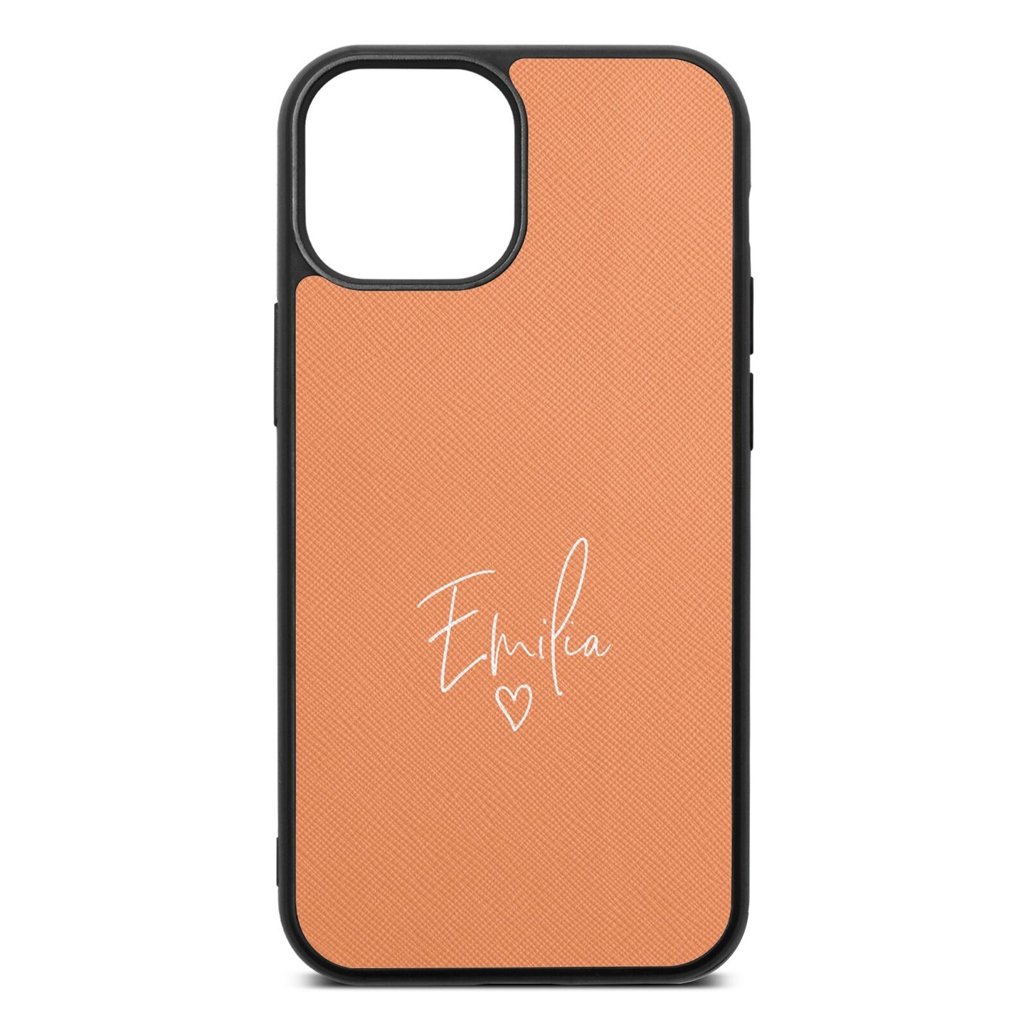 White Handwritten Name Transparent Orange Saffiano Leather iPhone 13 Mini Case