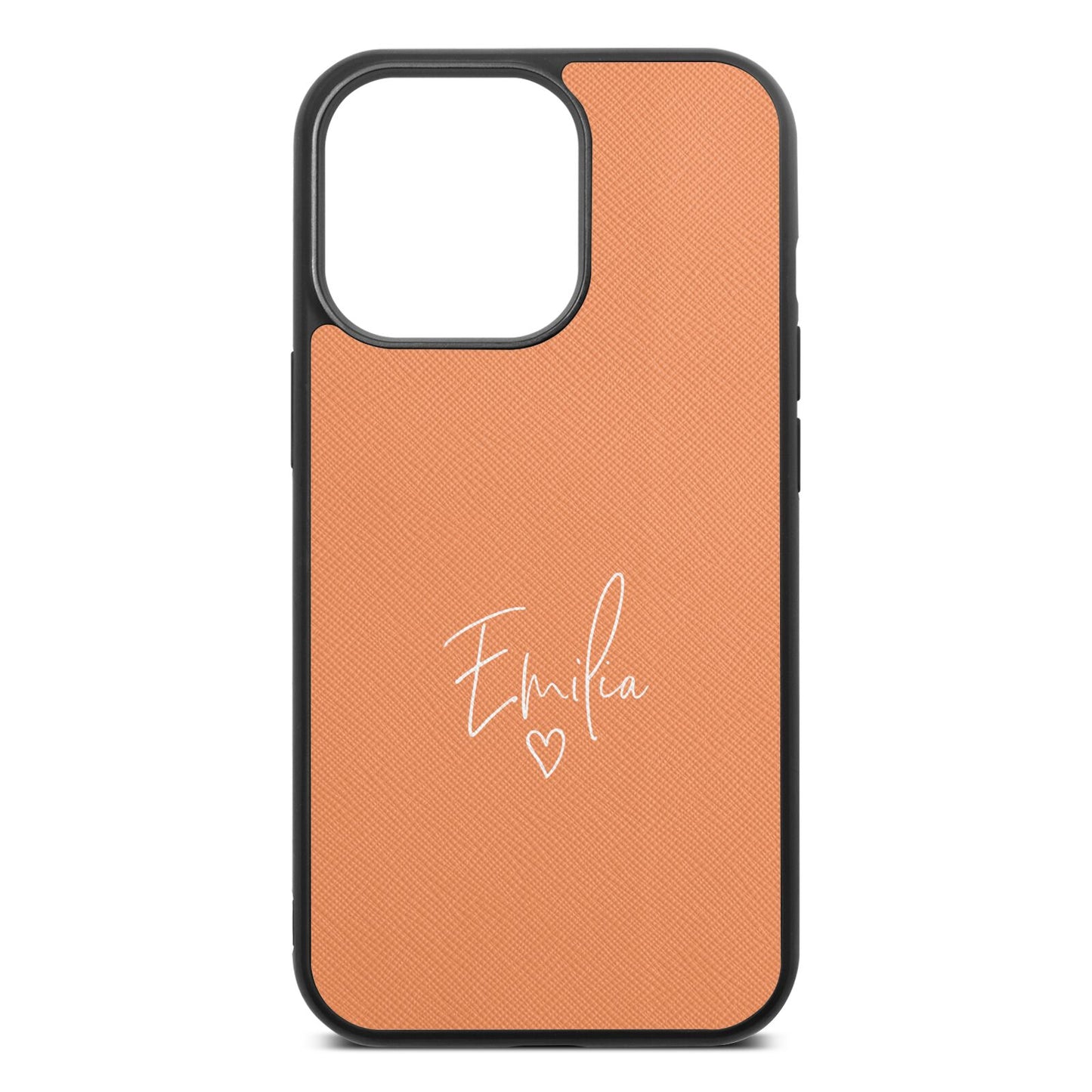 White Handwritten Name Transparent Orange Saffiano Leather iPhone 13 Pro Case