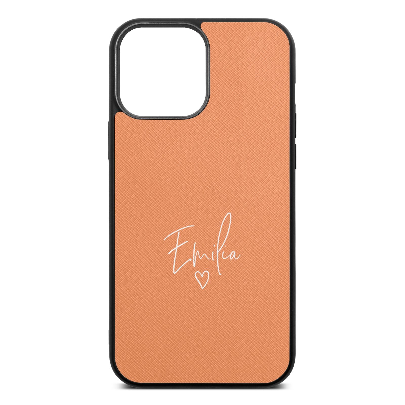 White Handwritten Name Transparent Orange Saffiano Leather iPhone 13 Pro Max Case