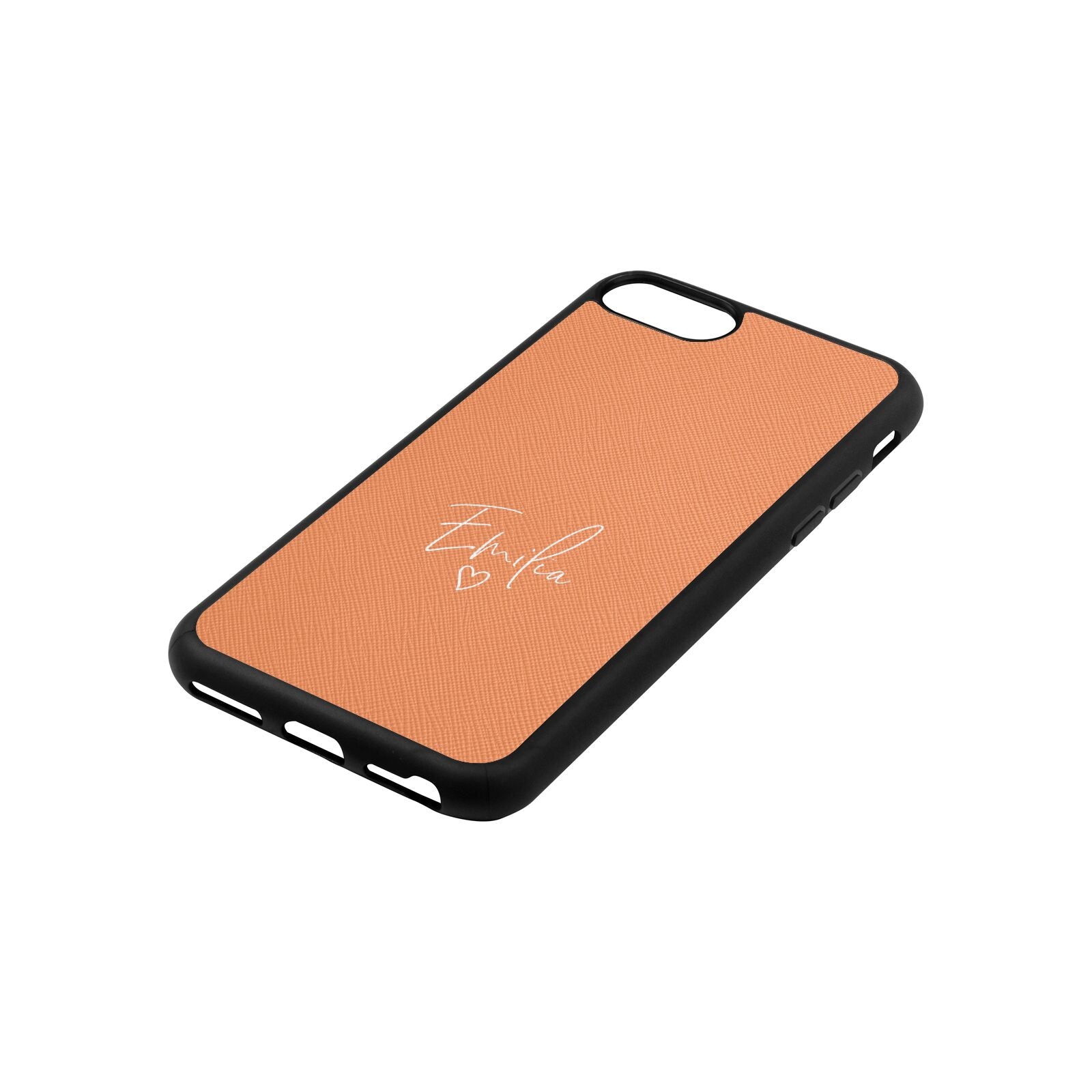 White Handwritten Name Transparent Orange Saffiano Leather iPhone 8 Case Side Angle