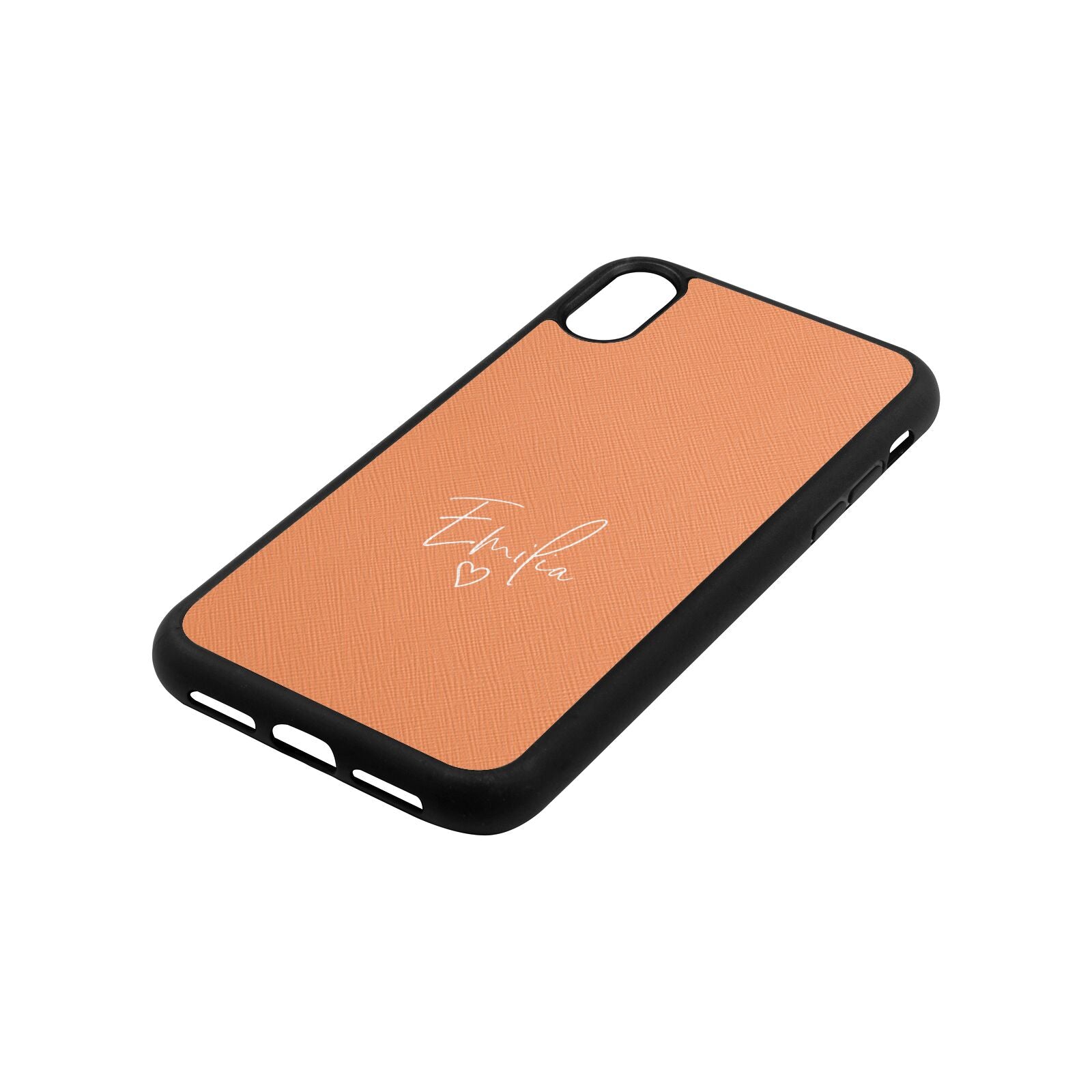 White Handwritten Name Transparent Orange Saffiano Leather iPhone Xr Case Side Angle