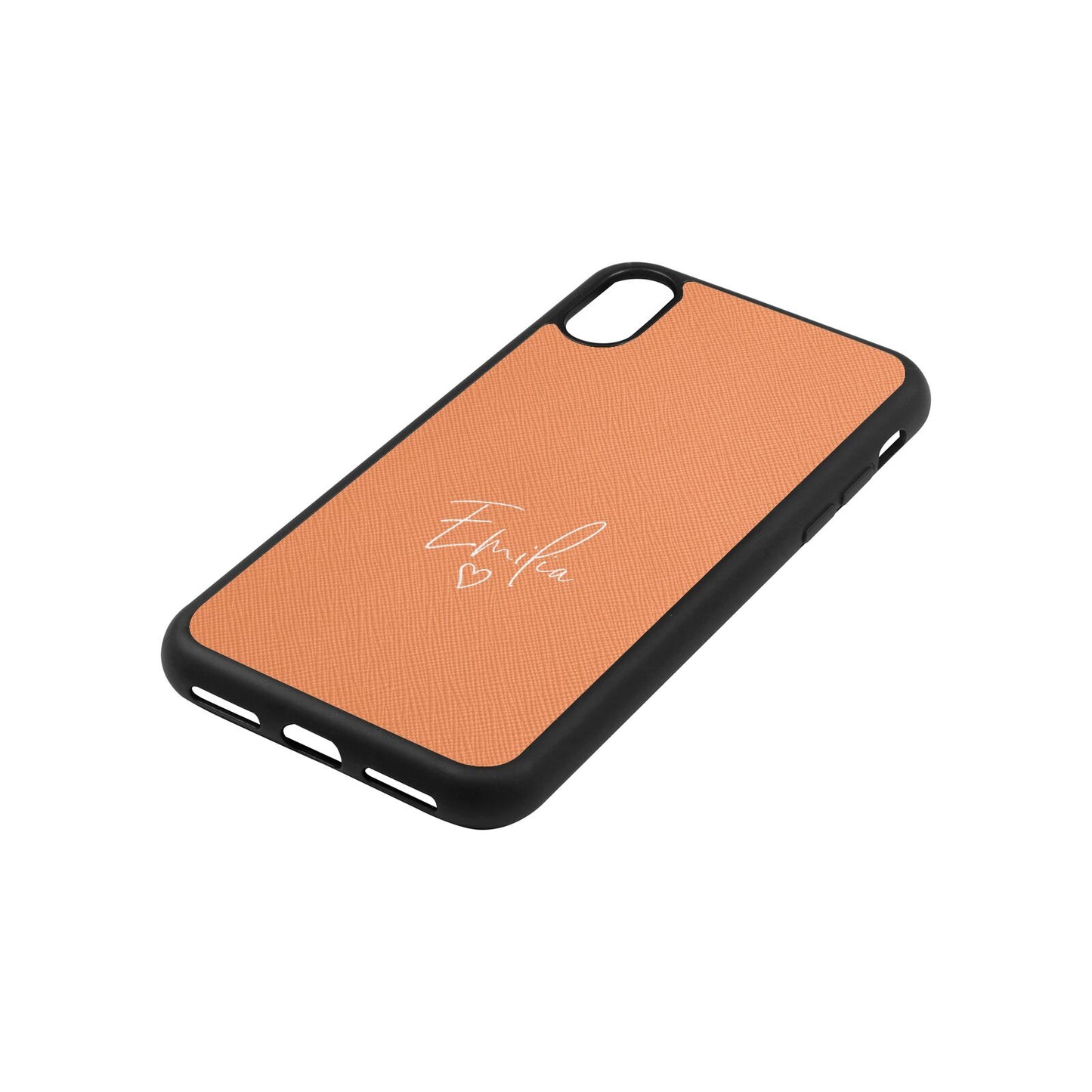 White Handwritten Name Transparent Orange Saffiano Leather iPhone Xs Case Side Image