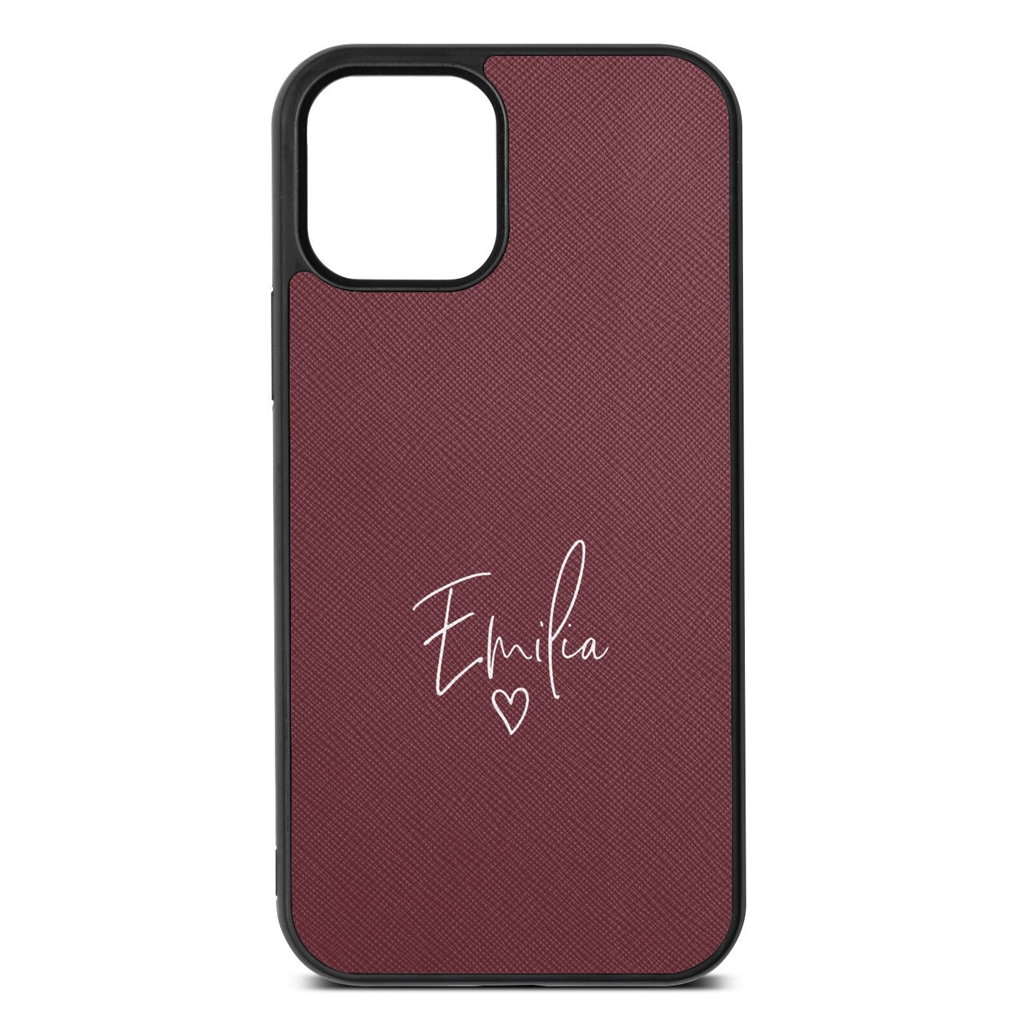 White Handwritten Name Transparent Rose Brown Saffiano Leather iPhone 12 Case
