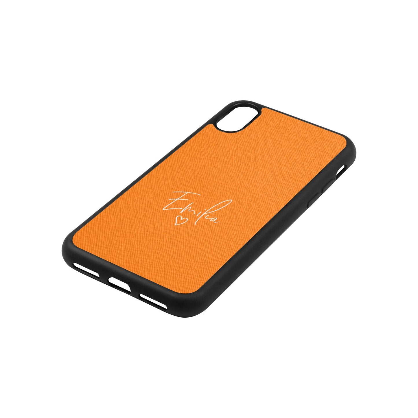 White Handwritten Name Transparent Saffron Saffiano Leather iPhone Xs Case Side Angle