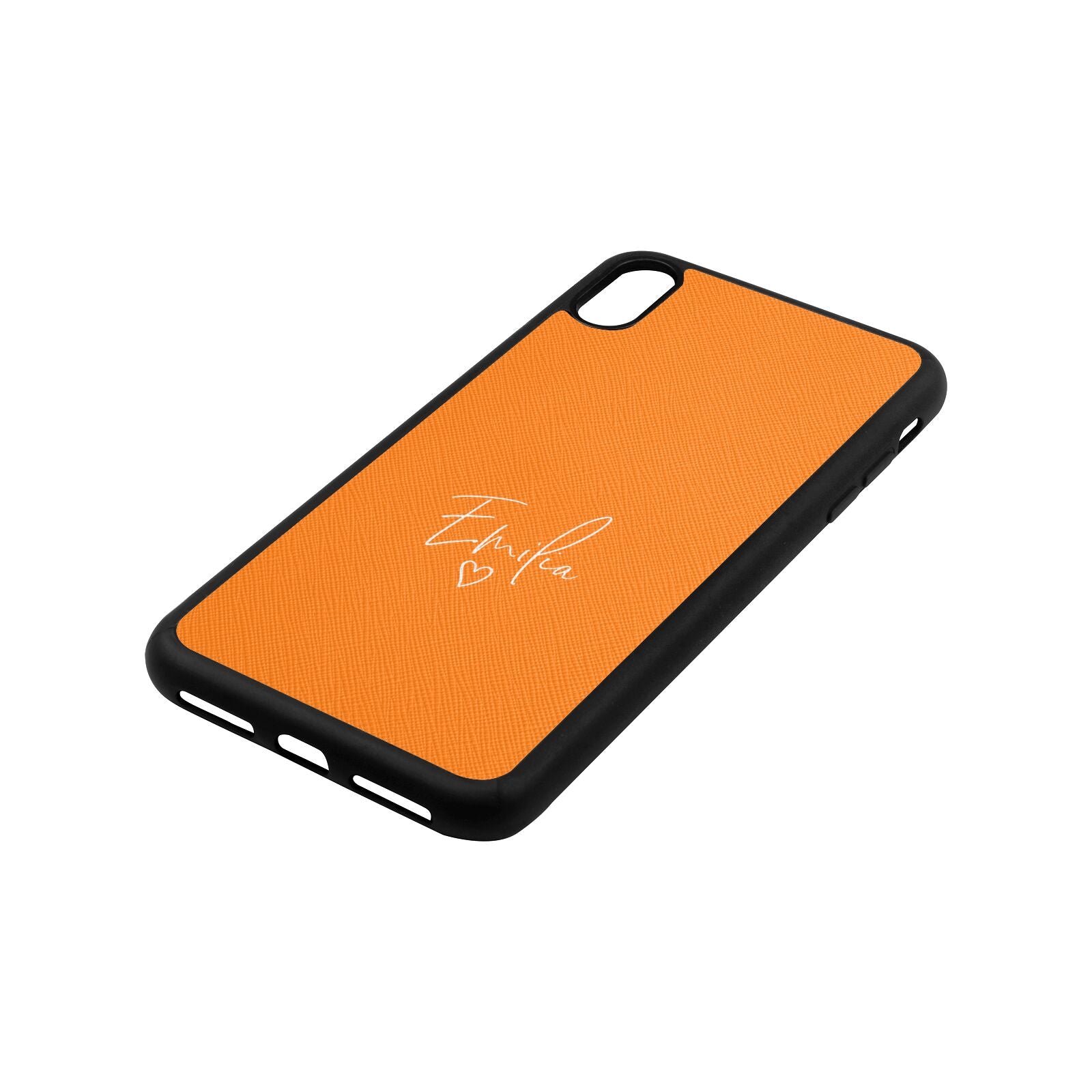 White Handwritten Name Transparent Saffron Saffiano Leather iPhone Xs Max Case Side Angle