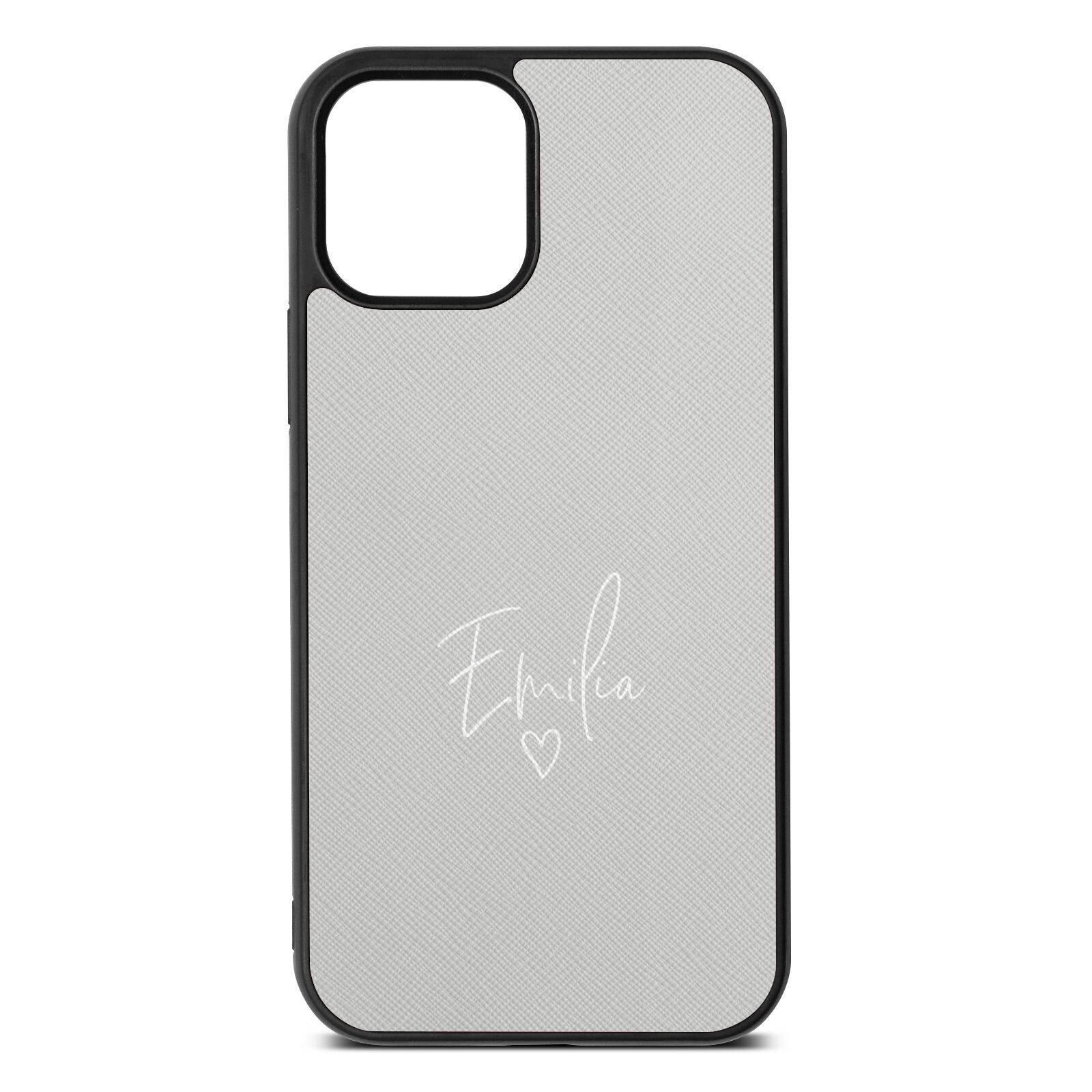 White Handwritten Name Transparent Silver Saffiano Leather iPhone 12 Case