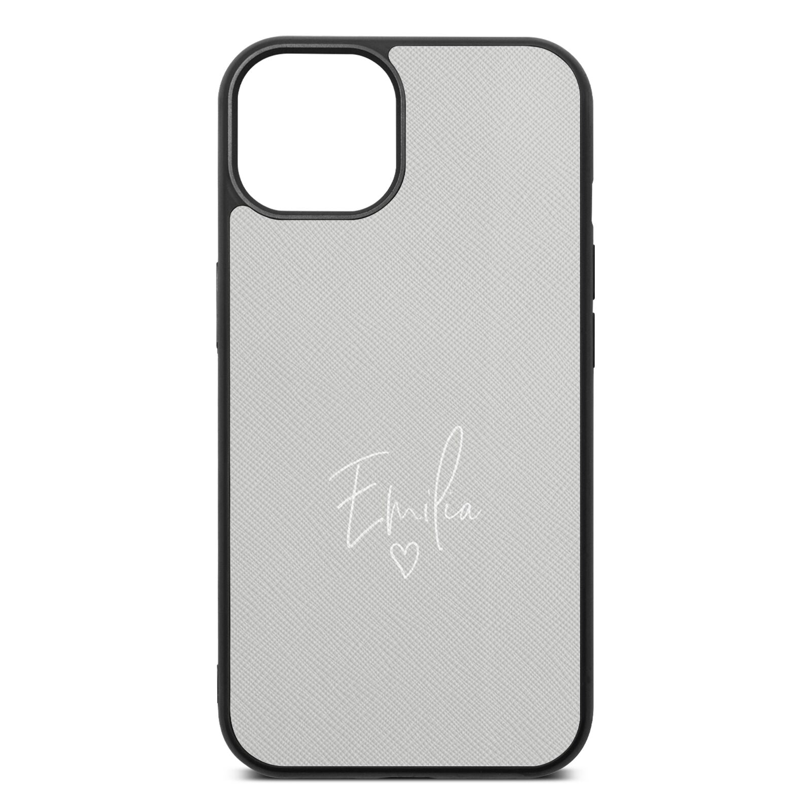 White Handwritten Name Transparent Silver Saffiano Leather iPhone 13 Case
