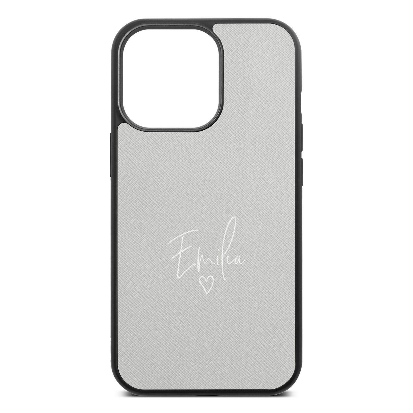 White Handwritten Name Transparent Silver Saffiano Leather iPhone 13 Pro Case