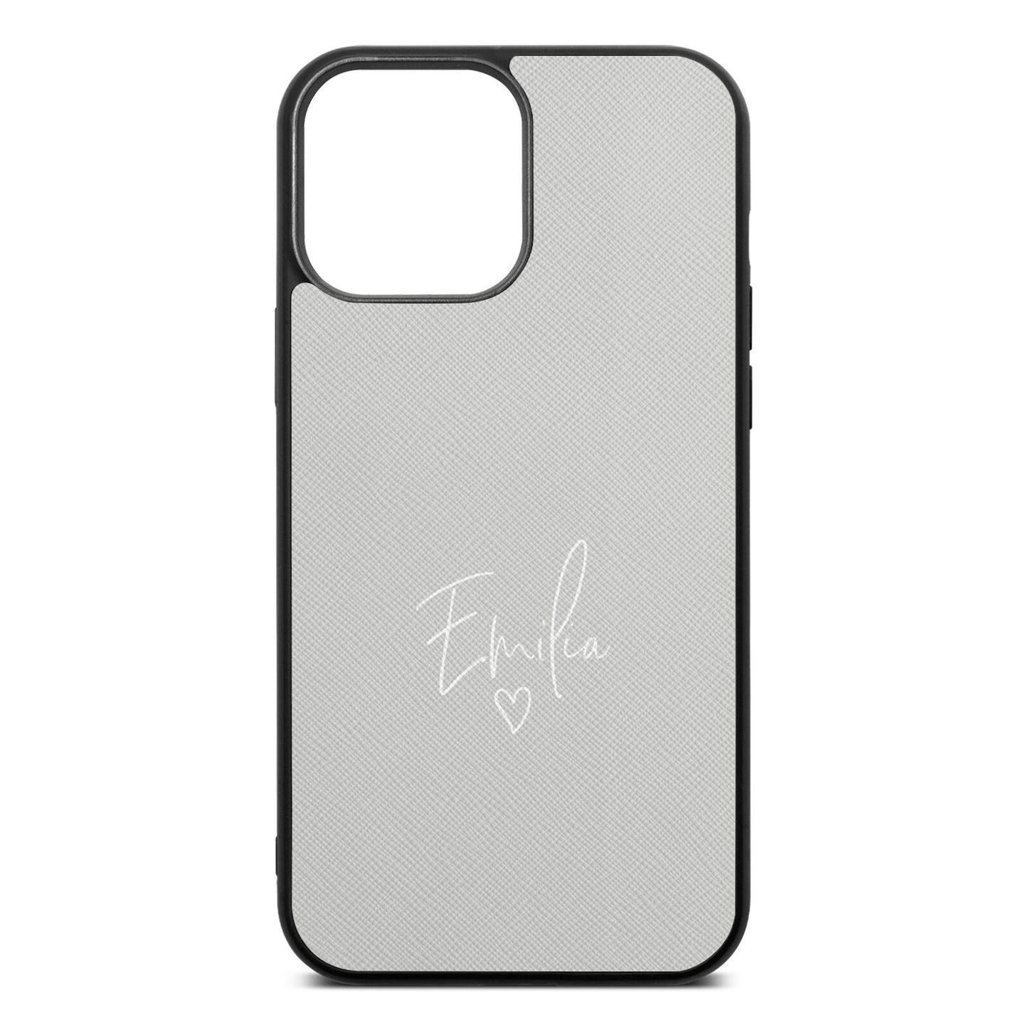 White Handwritten Name Transparent Silver Saffiano Leather iPhone 13 Pro Max Case