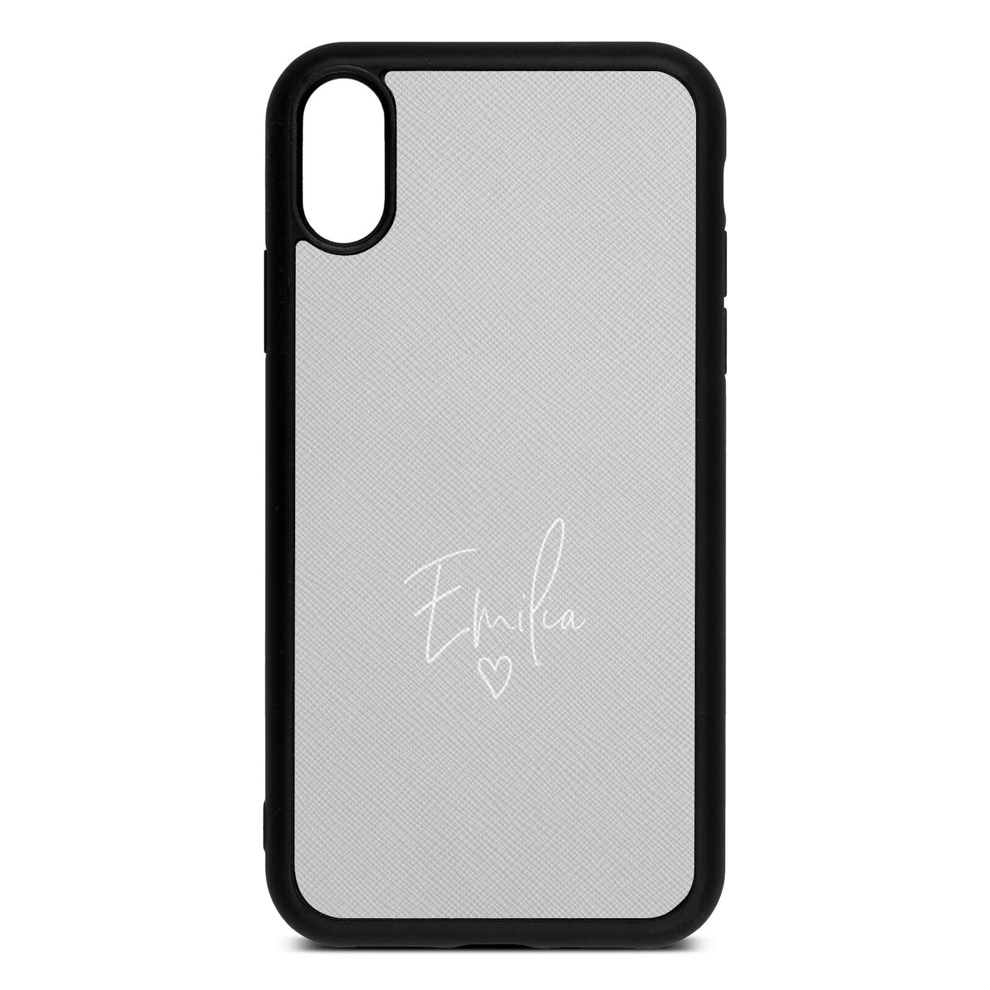 White Handwritten Name Transparent Silver Saffiano Leather iPhone Xr Case