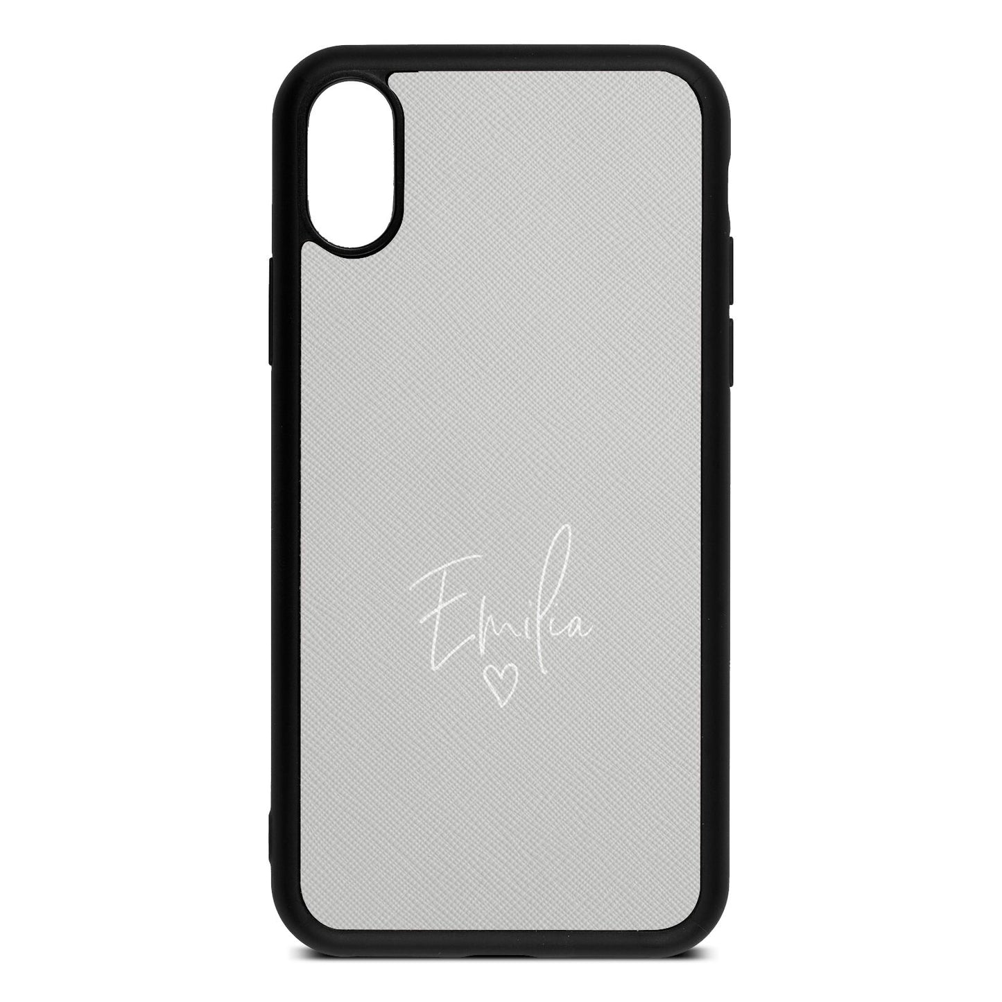 White Handwritten Name Transparent Silver Saffiano Leather iPhone Xs Case