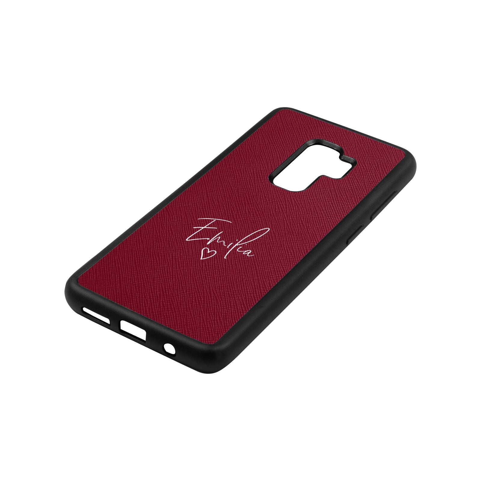 White Handwritten Name Transparent Wine Red Saffiano Leather Samsung S9 Plus Case Side Angle