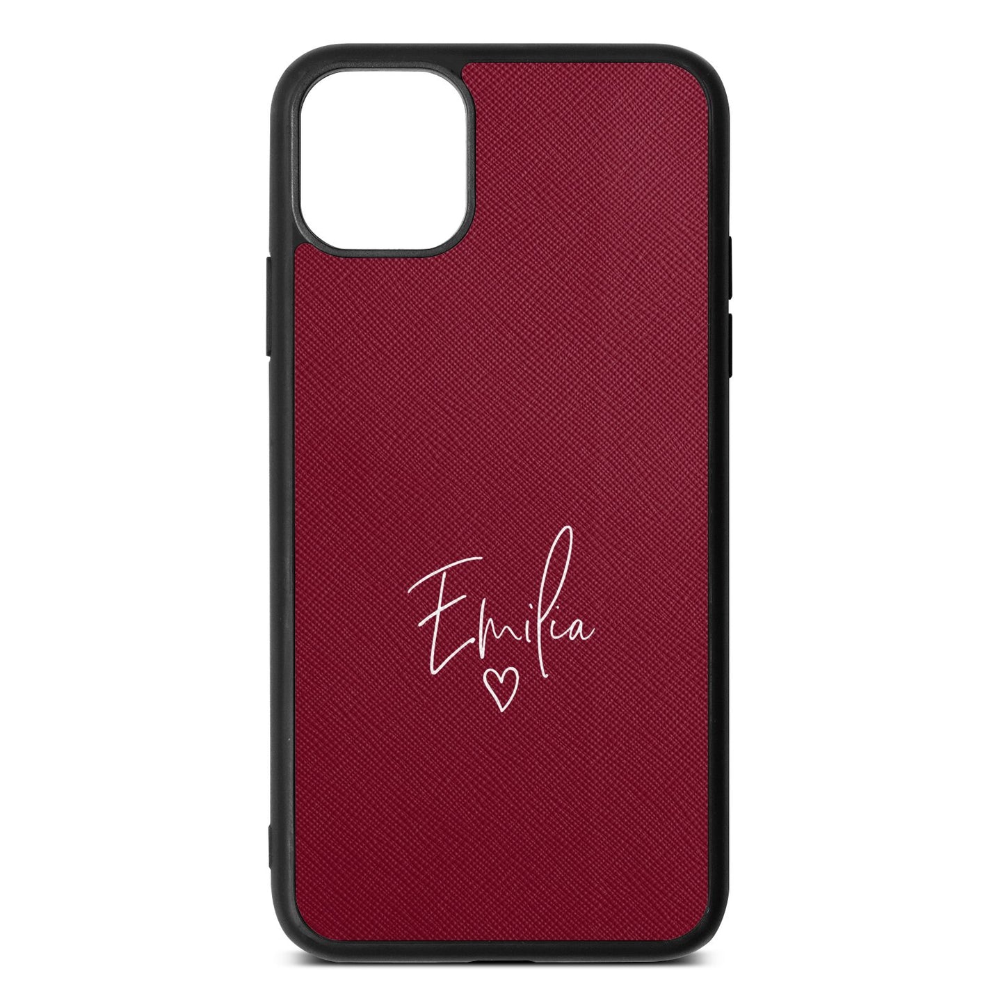 White Handwritten Name Transparent Wine Red Saffiano Leather iPhone 11 Pro Max Case
